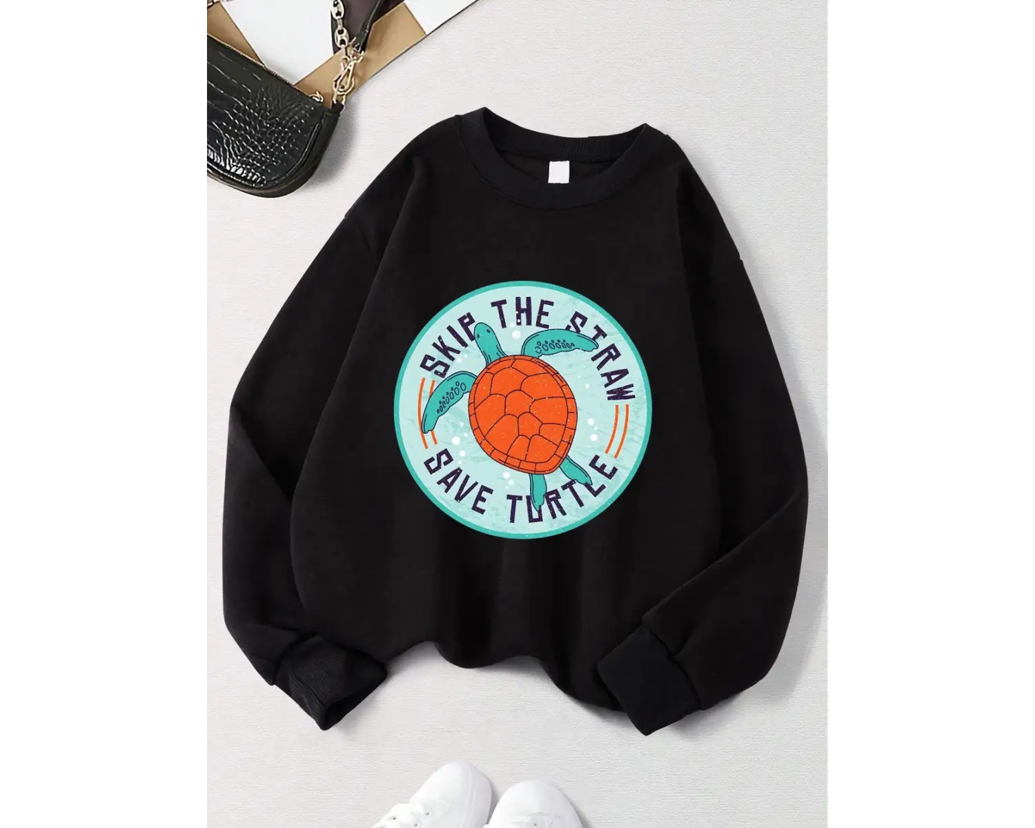 Kaplumbağa Baskı Tişörtü Kadın Sonbahar Kış Polar Sıcak Hoodies O-Boyun Gevşek Kazak Temeller