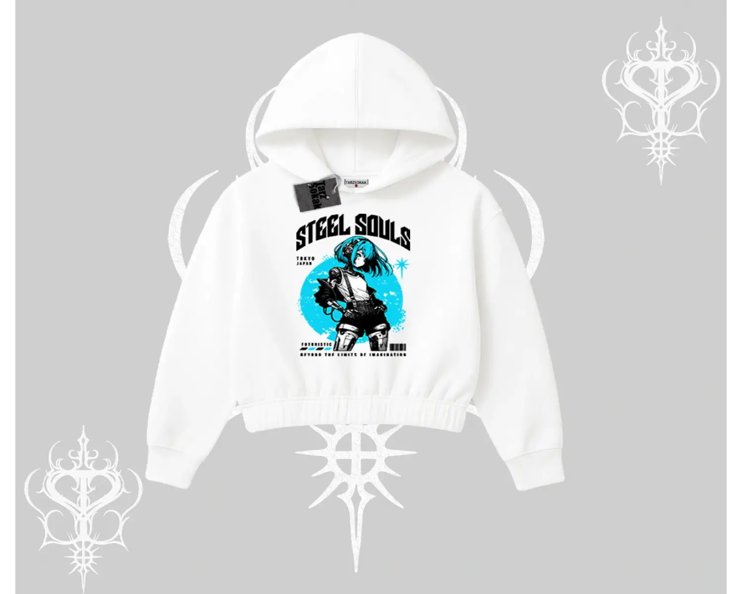 Kapşonlu Crop Sweatshirt Anime Cyberpunk Kız Baskılı