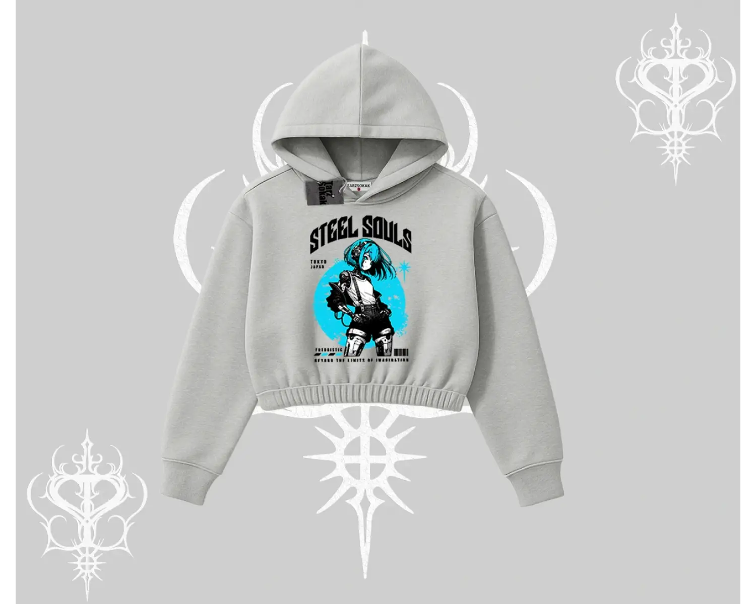 Kapşonlu Crop Sweatshirt Anime Cyberpunk Kız Baskılı