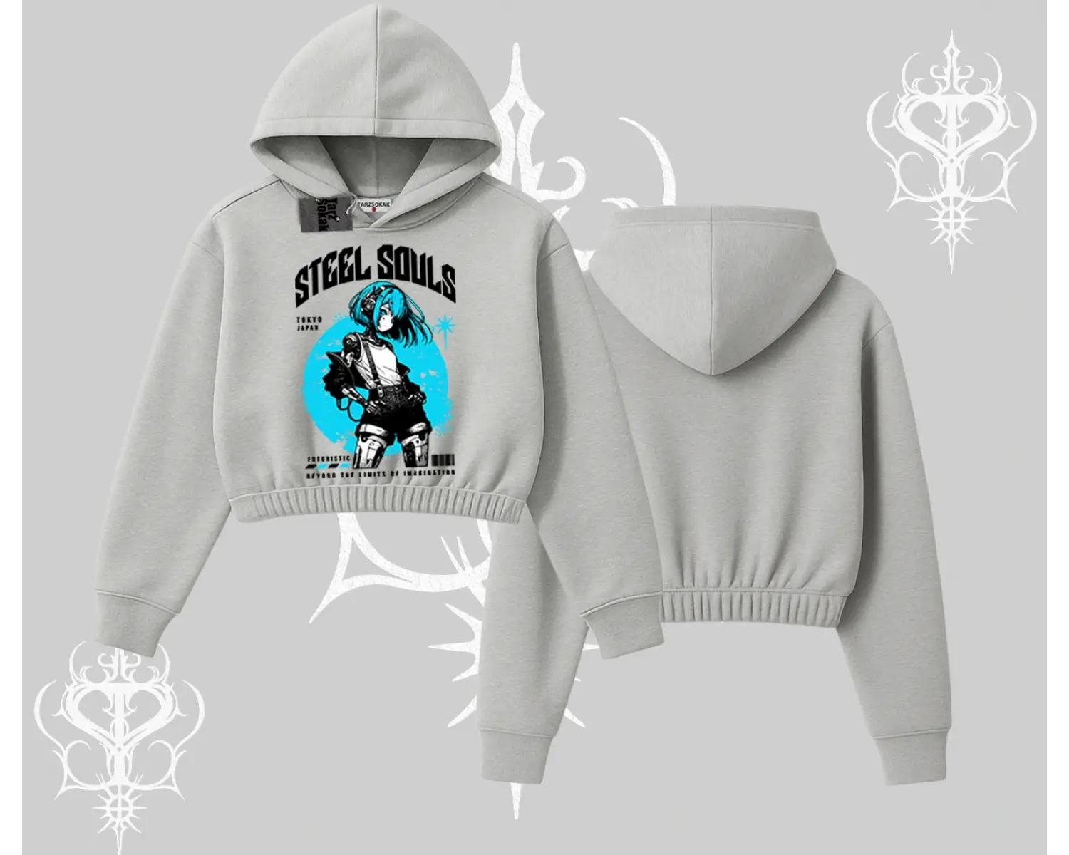 Kapşonlu Crop Sweatshirt Anime Cyberpunk Kız Baskılı