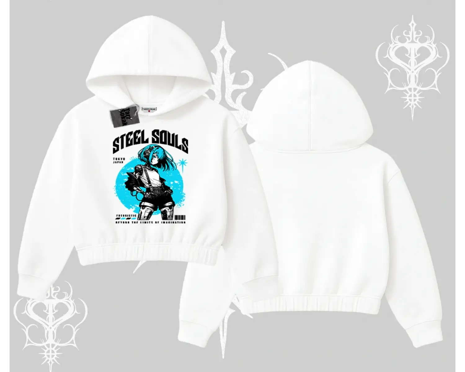 Kapşonlu Crop Sweatshirt Anime Cyberpunk Kız Baskılı