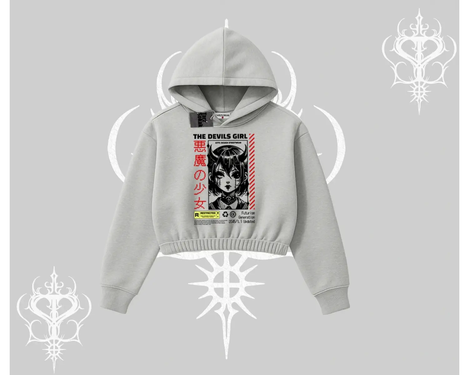 Kapşonlu Crop Sweatshirt Anime Devils Girl Japanese Style Baskılı