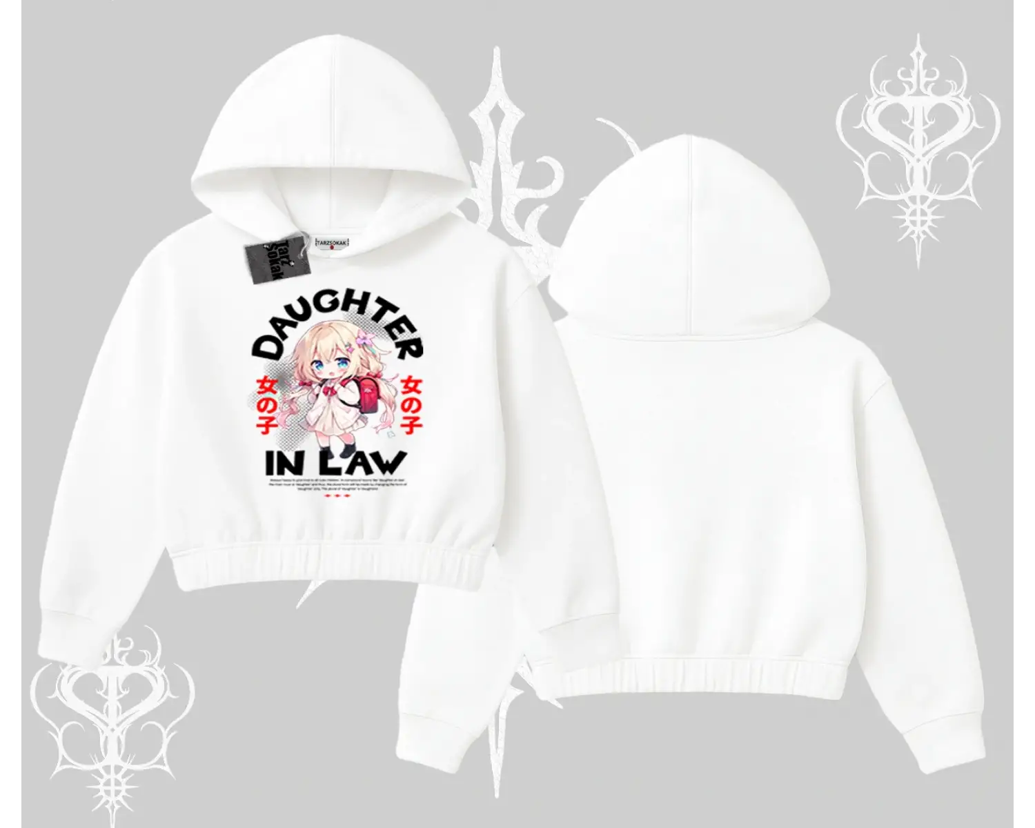 Kapşonlu Crop Sweatshirt Anime Girl Daughter In Law Baskılı