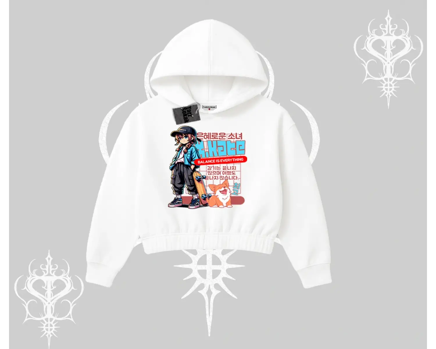 Kapşonlu Crop Sweatshirt Anime Hiker Girl Balance Is Everything Baskılı