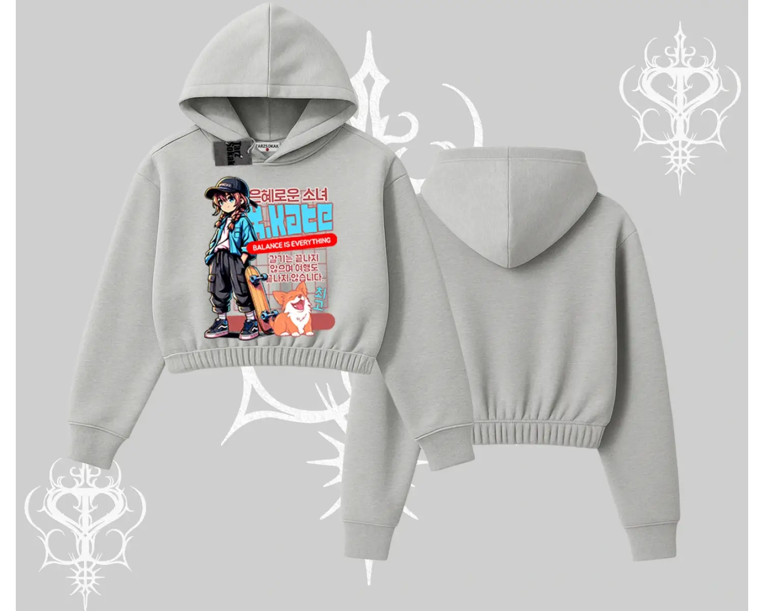 Kapşonlu Crop Sweatshirt Anime Hiker Girl Balance Is Everything Baskılı