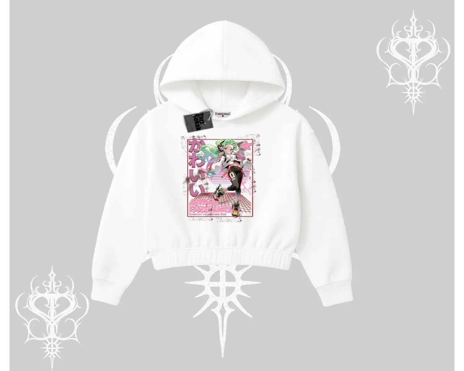 Kapşonlu Crop Sweatshirt Anime Kawaii Japon Kız Desenli