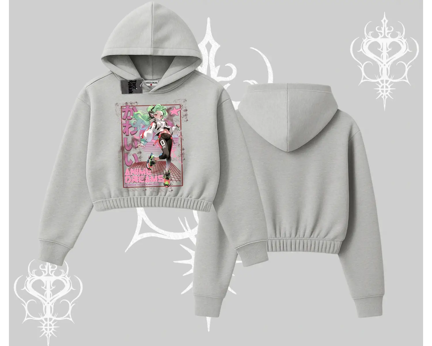 Kapşonlu Crop Sweatshirt Anime Kawaii Japon Kız Desenli