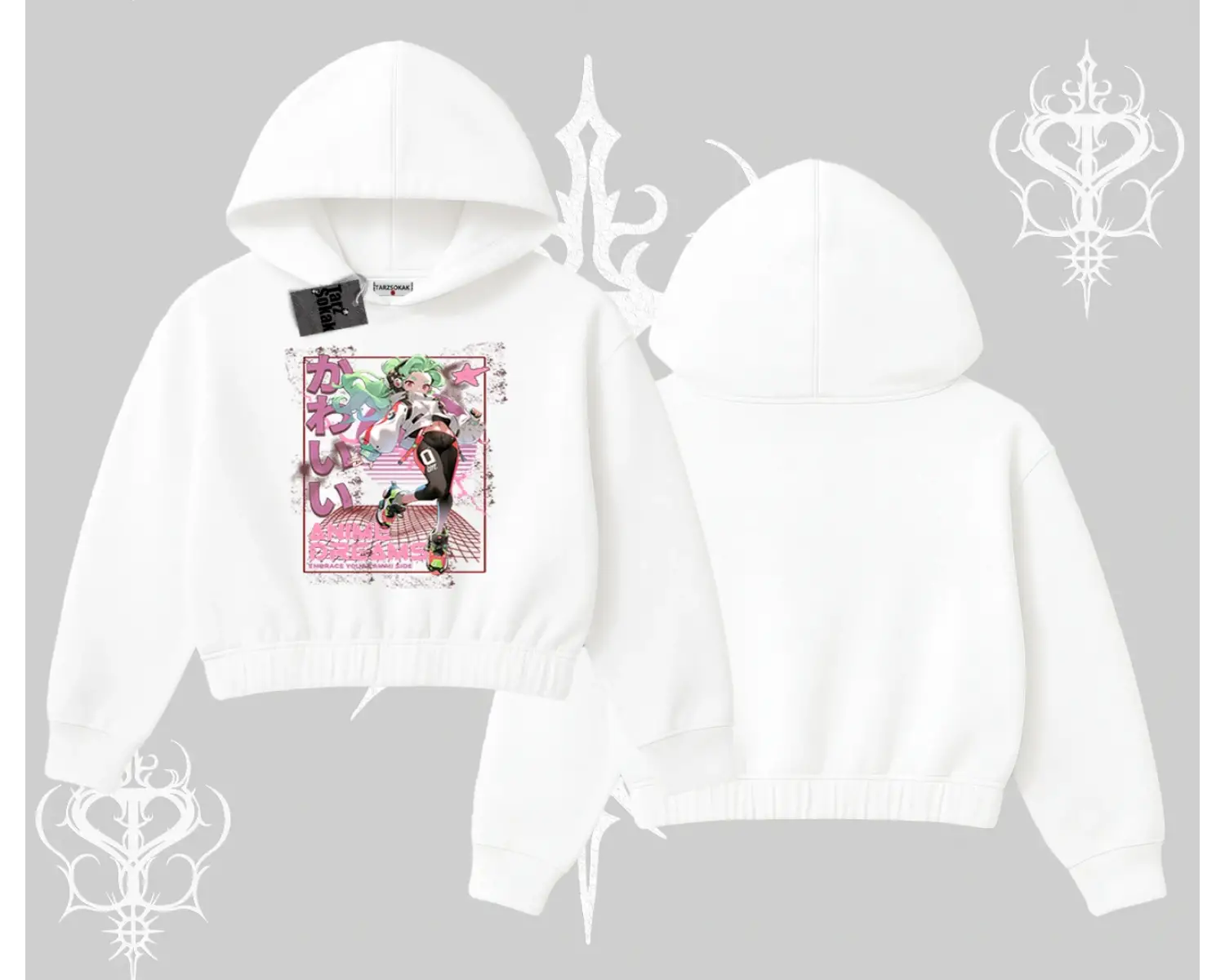 Kapşonlu Crop Sweatshirt Anime Kawaii Japon Kız Desenli