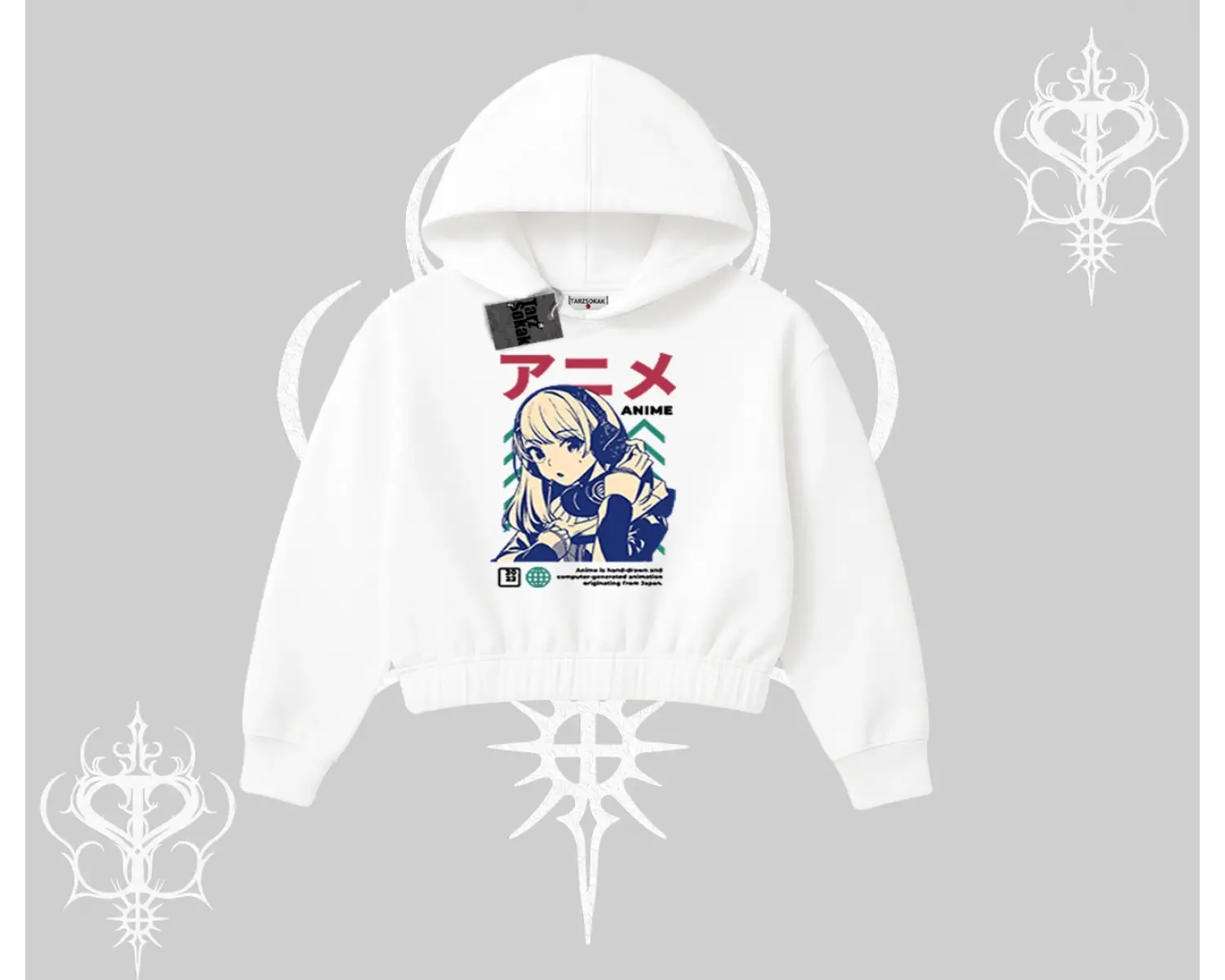 Kapşonlu Crop Sweatshirt Anime Kız Desenli Japon Tarzı