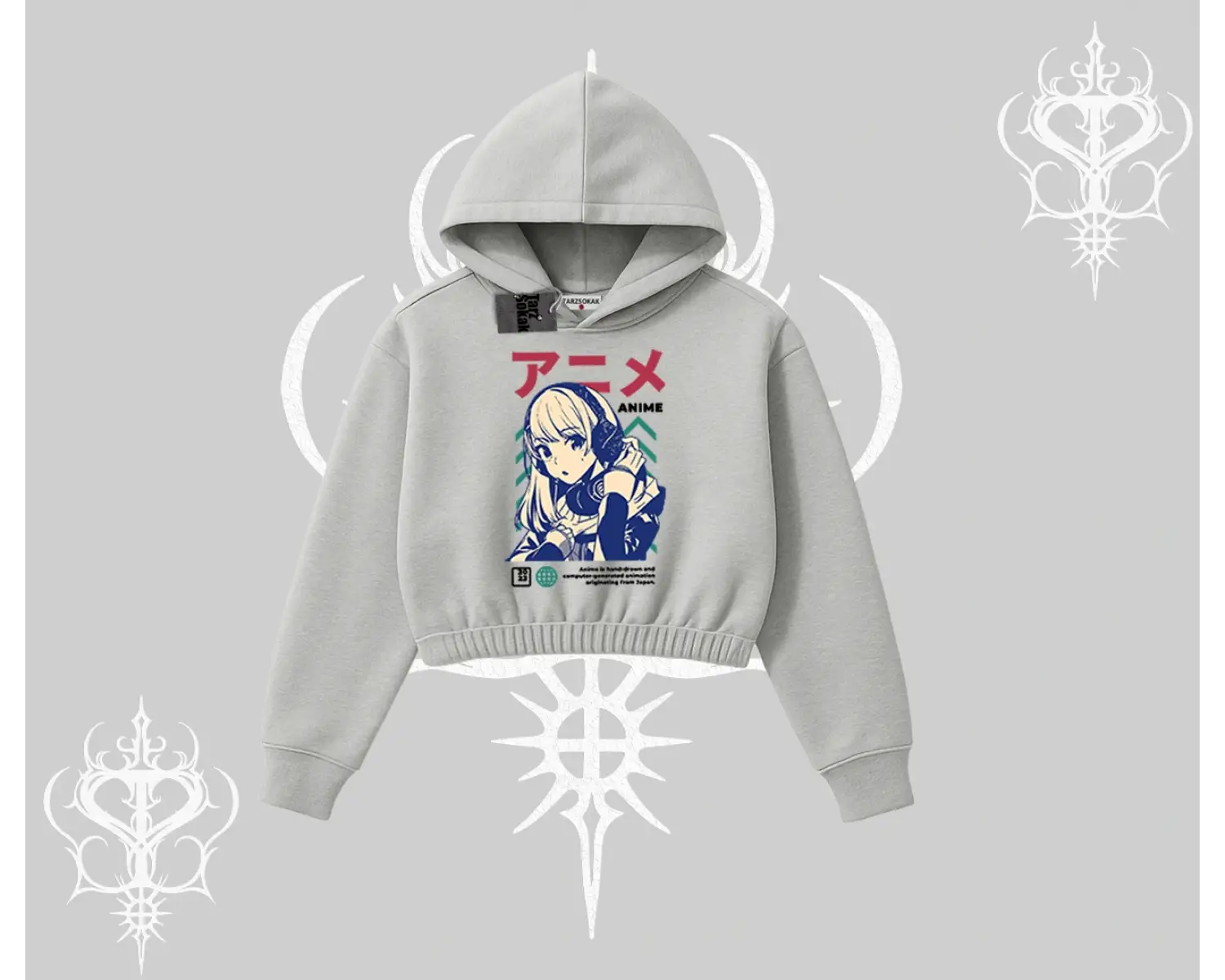 Kapşonlu Crop Sweatshirt Anime Kız Desenli Japon Tarzı