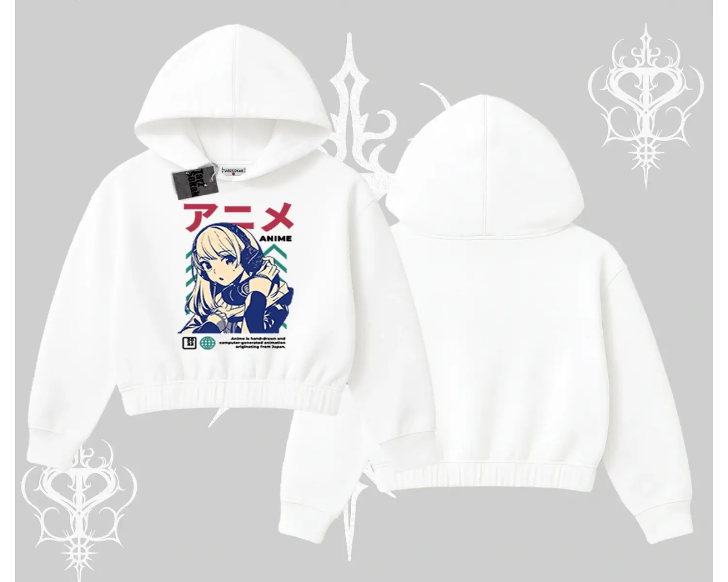 Kapşonlu Crop Sweatshirt Anime Kız Desenli Japon Tarzı