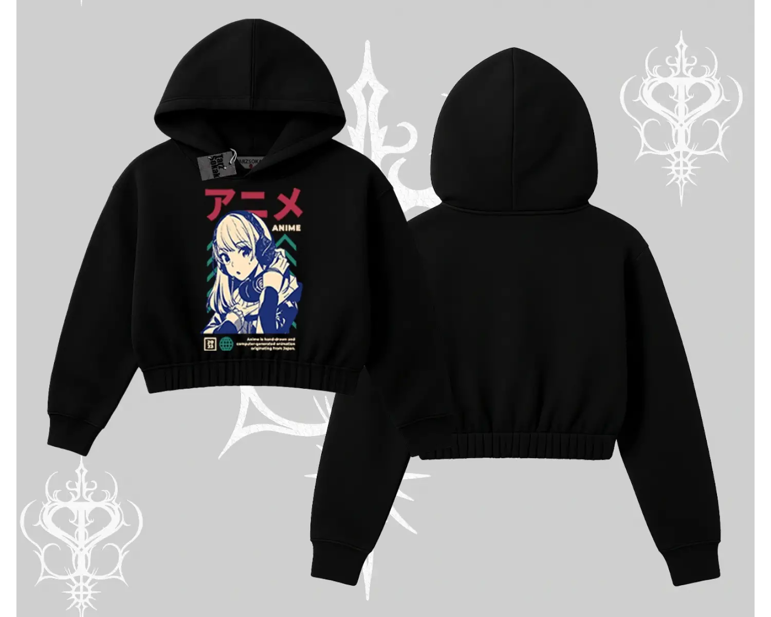 Kapşonlu Crop Sweatshirt Anime Kız Desenli Japon Tarzı