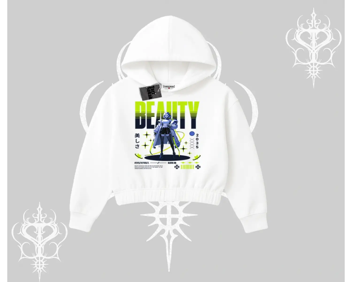 Kapşonlu Crop Sweatshirt Anime Unity Neon Detaylı Grafik Baskılı