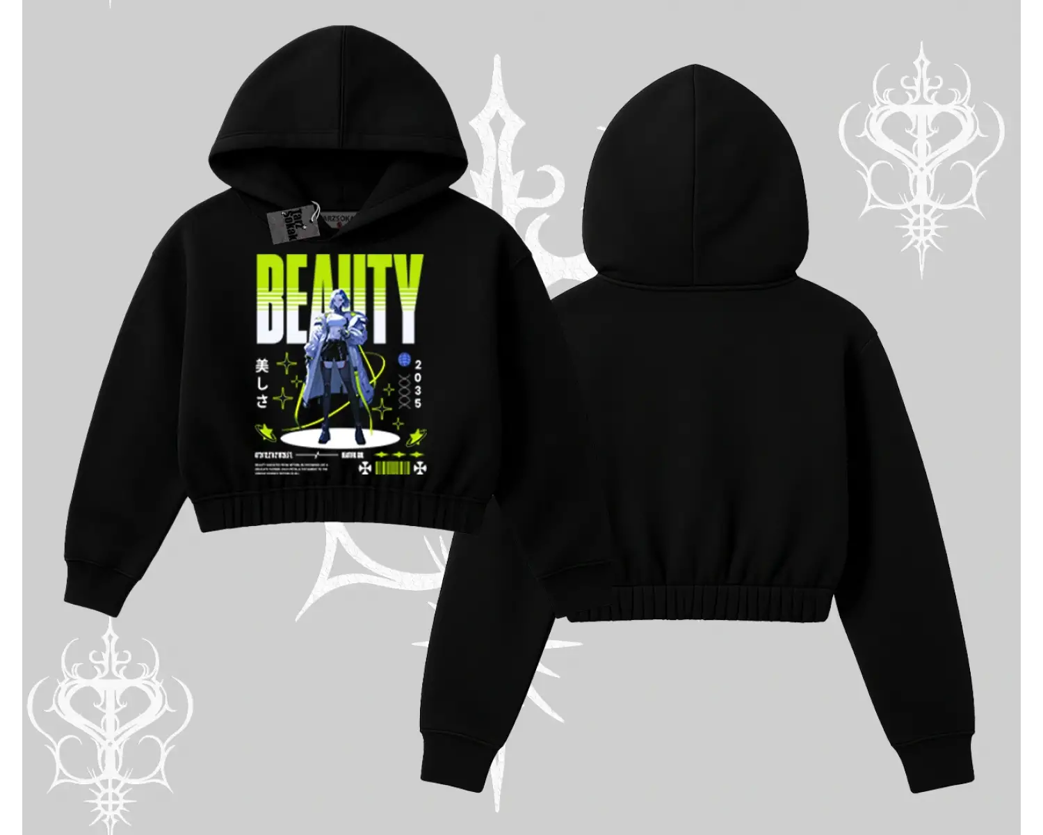 Kapşonlu Crop Sweatshirt Anime Unity Neon Detaylı Grafik Baskılı