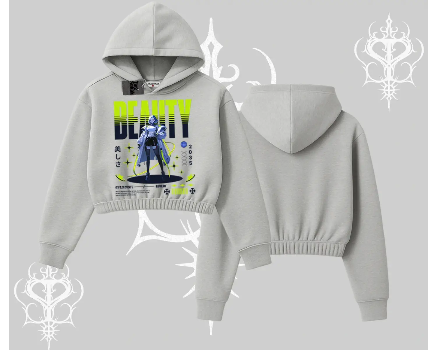 Kapşonlu Crop Sweatshirt Anime Unity Neon Detaylı Grafik Baskılı