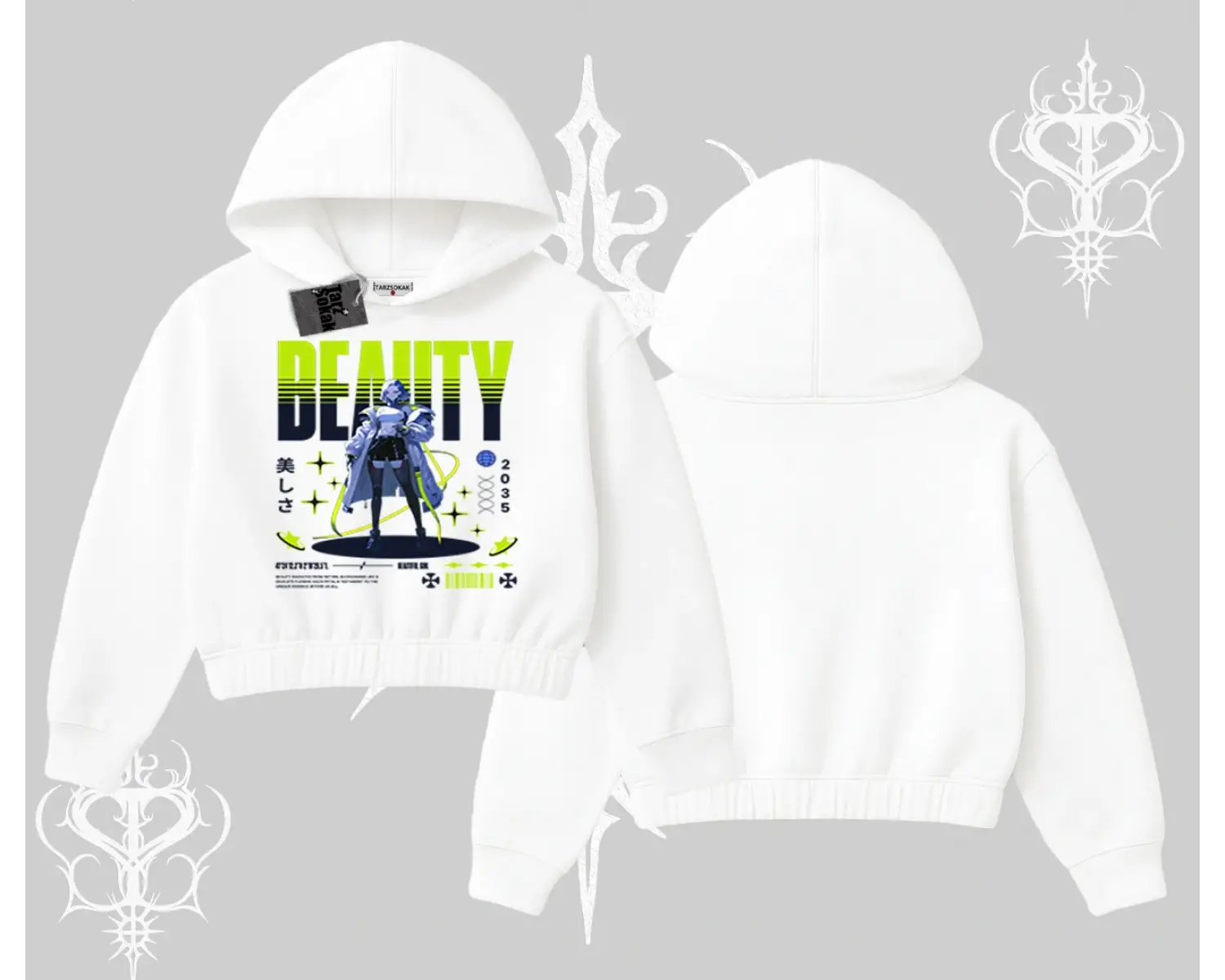 Kapşonlu Crop Sweatshirt Anime Unity Neon Detaylı Grafik Baskılı