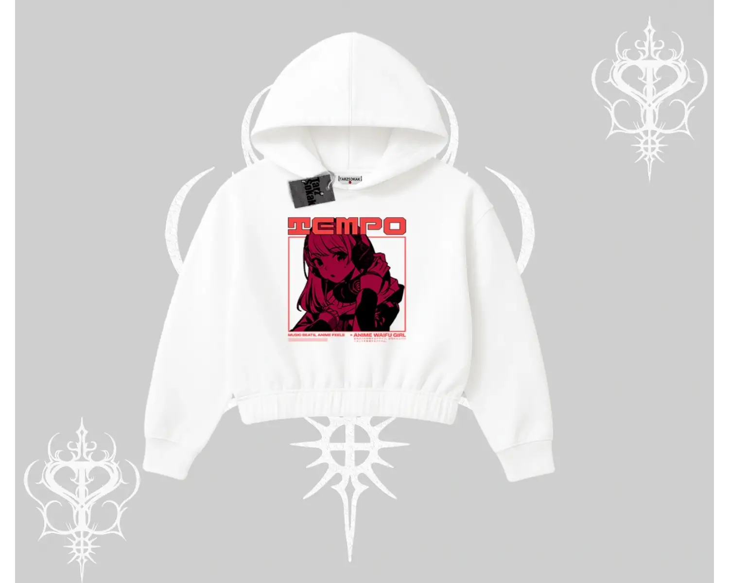 Kapşonlu Crop Sweatshirt Anime Waifu Kırmızı Grafik Desenli