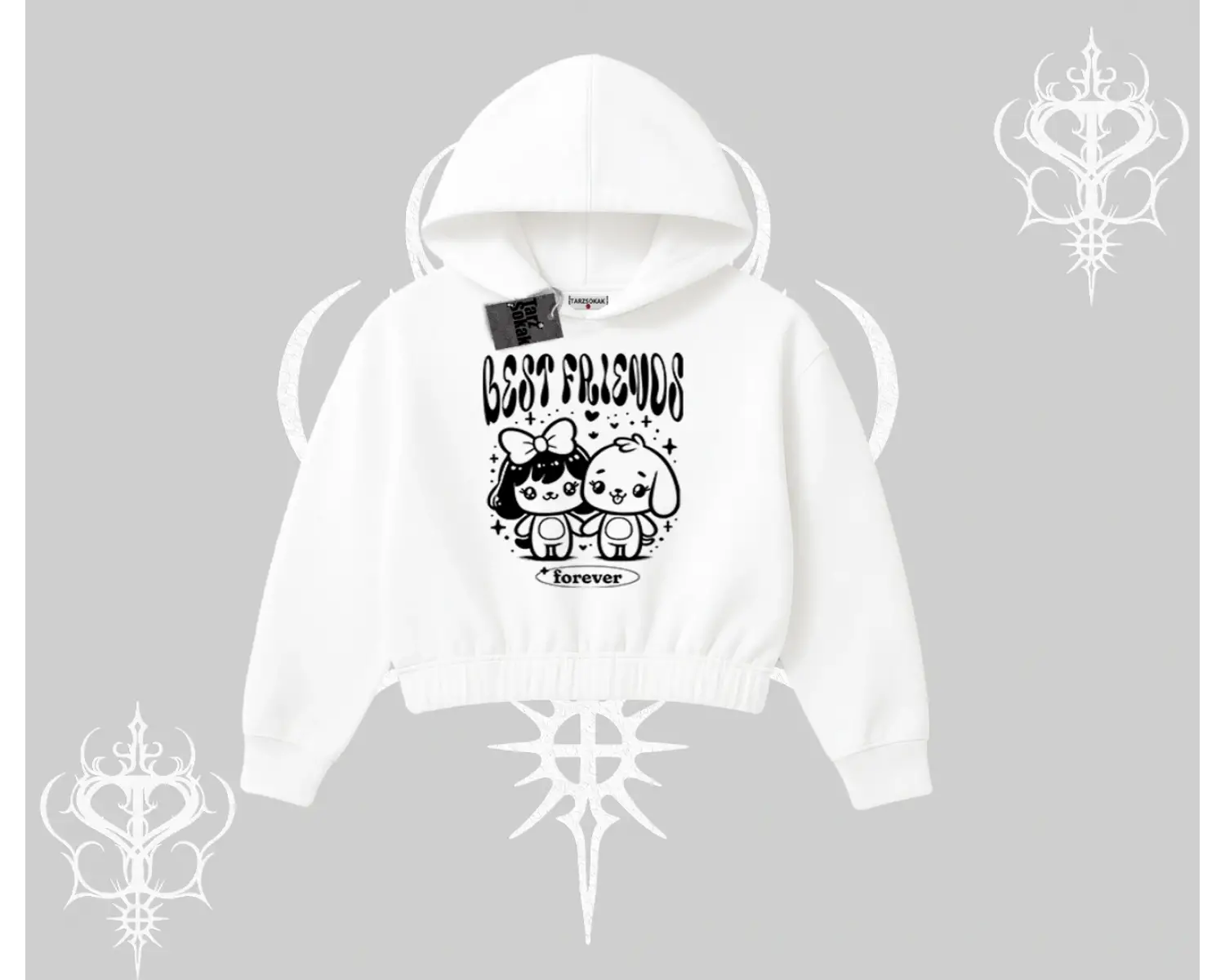 Kapşonlu Crop Sweatshirt Best Friends Forever Baskılı Sevimli Tasarım