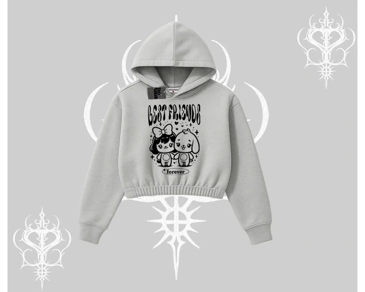 Kapşonlu Crop Sweatshirt Best Friends Forever Baskılı Sevimli Tasarım