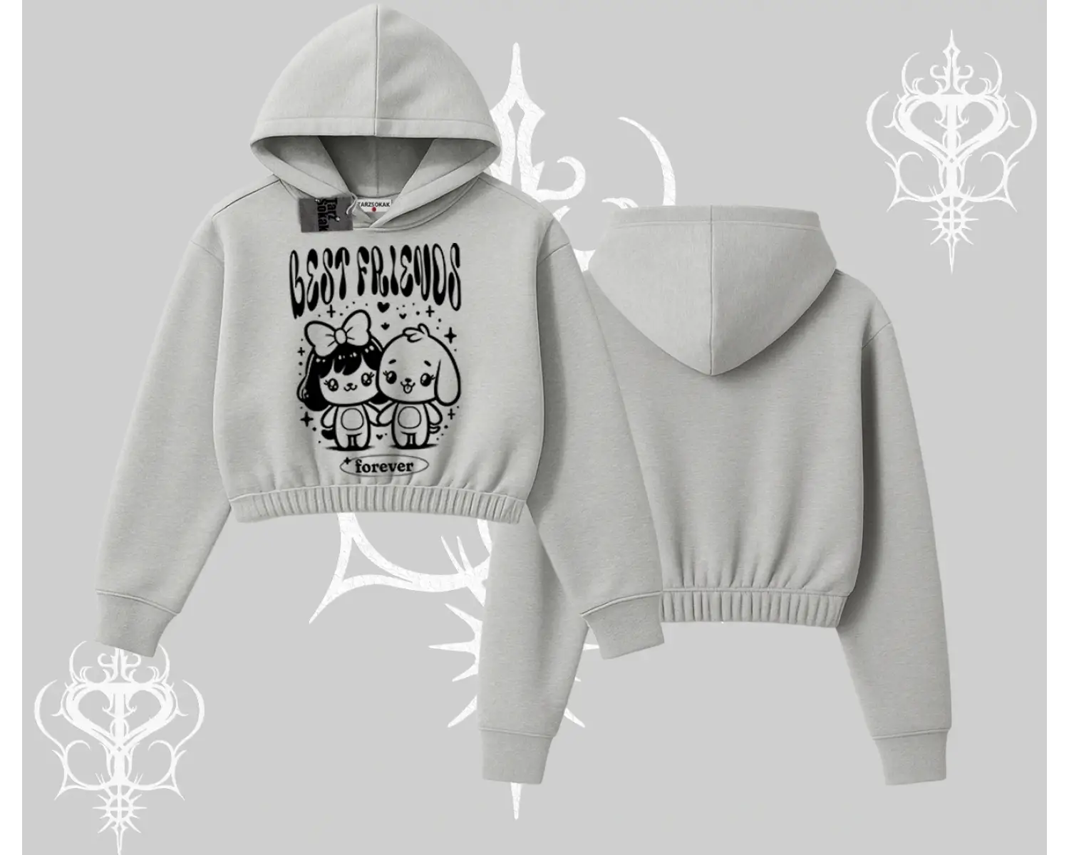 Kapşonlu Crop Sweatshirt Best Friends Forever Baskılı Sevimli Tasarım