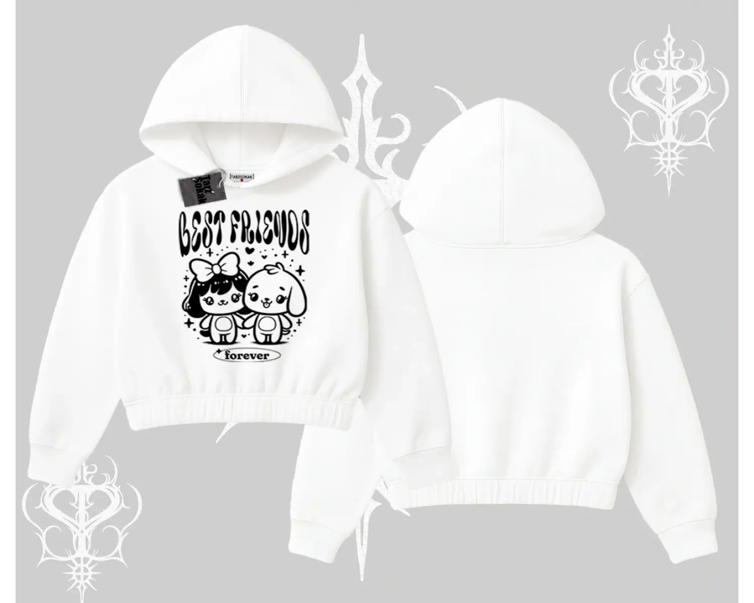 Kapşonlu Crop Sweatshirt Best Friends Forever Baskılı Sevimli Tasarım