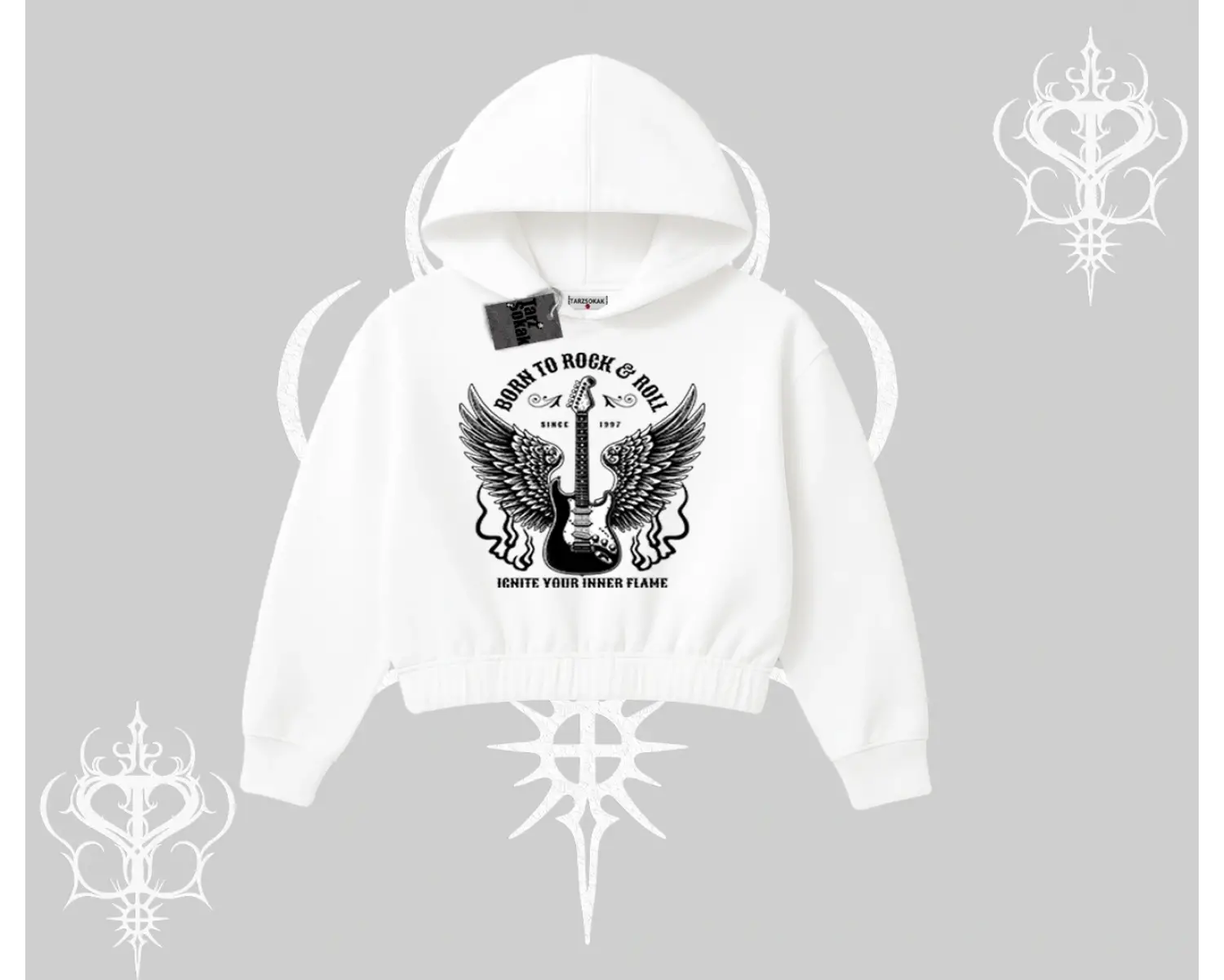 Kapşonlu Crop Sweatshirt Born to Rock Eternal Flame Legacy