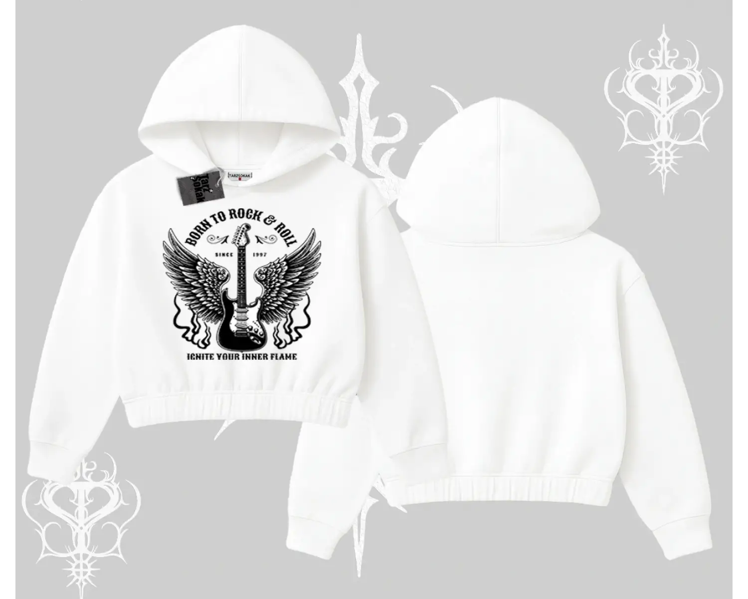 Kapşonlu Crop Sweatshirt Born to Rock Eternal Flame Legacy