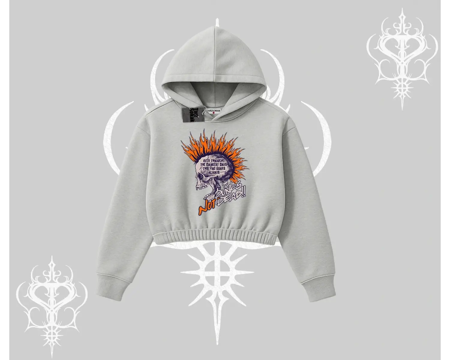 Kapşonlu Crop Sweatshirt Burning Skull Rebel Street Anthem