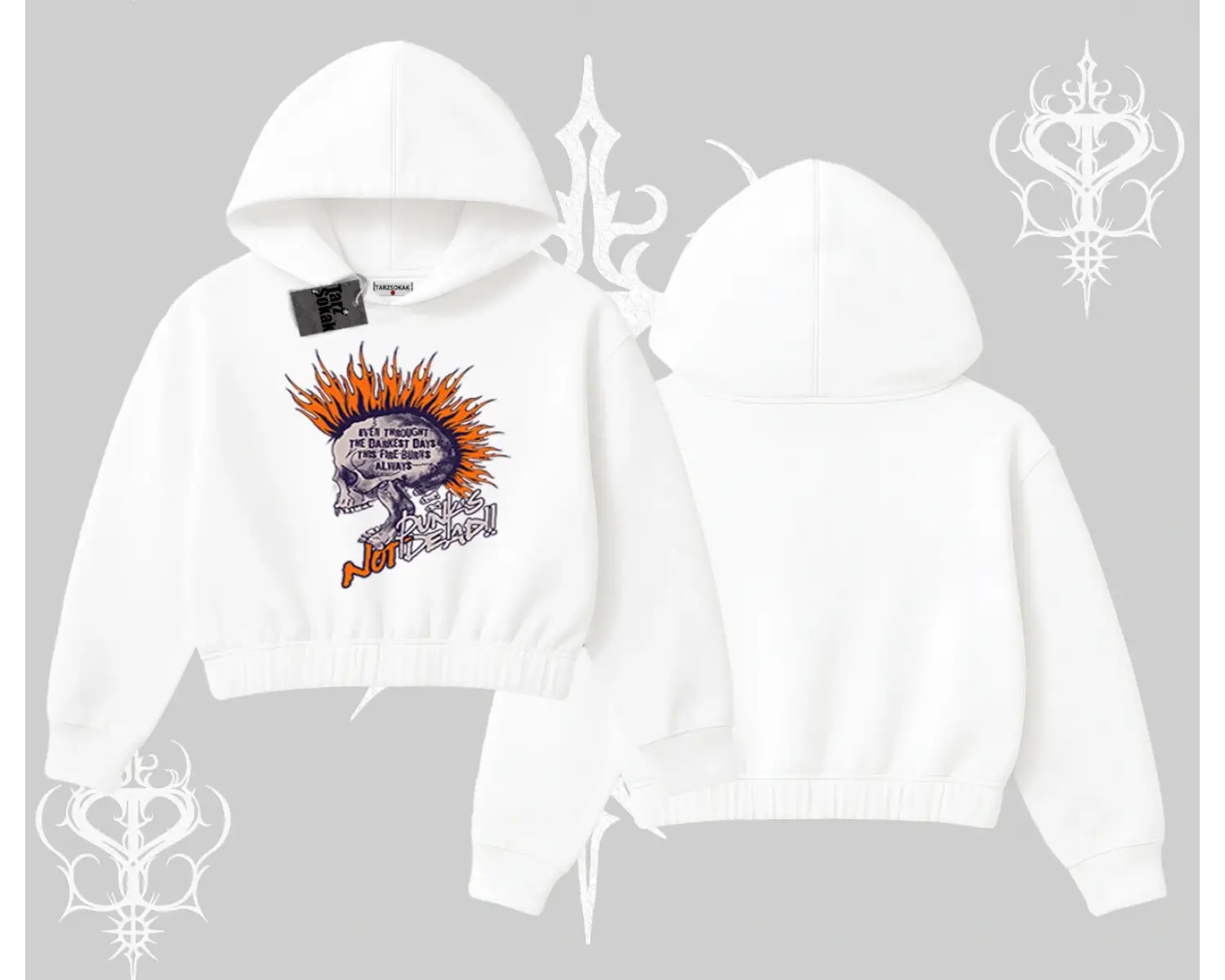 Kapşonlu Crop Sweatshirt Burning Skull Rebel Street Anthem