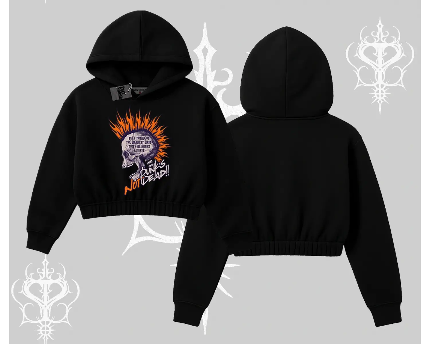 Kapşonlu Crop Sweatshirt Burning Skull Rebel Street Anthem