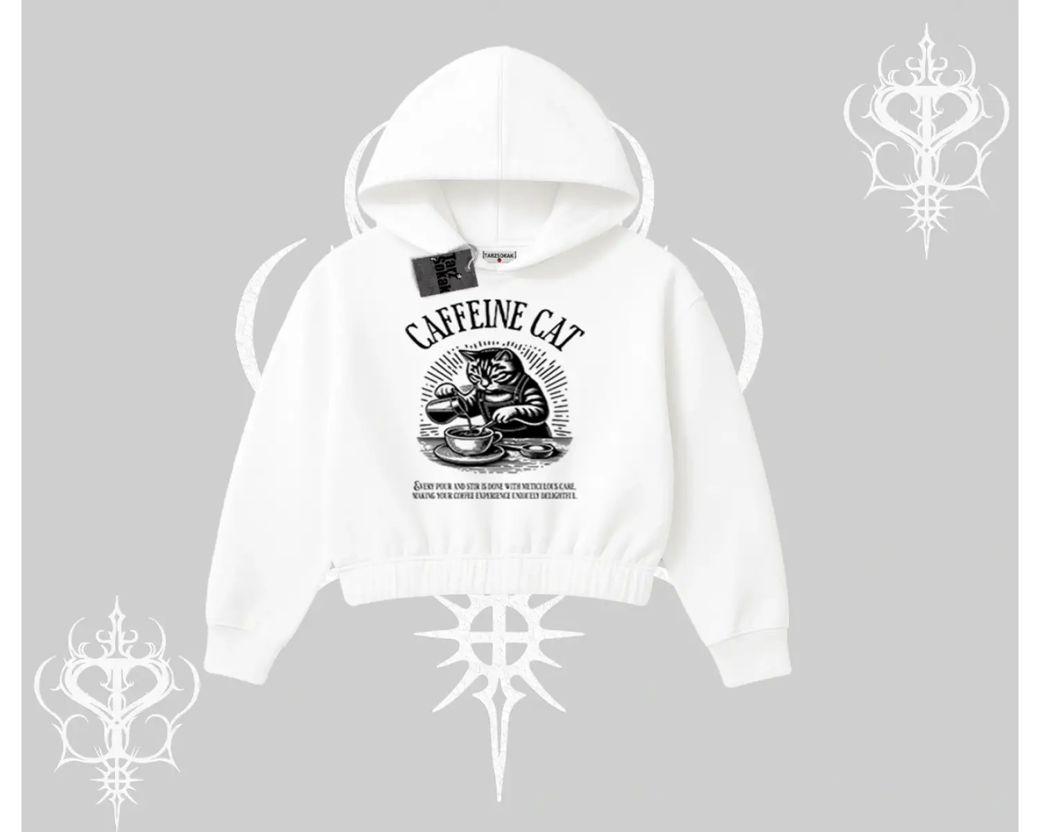 Kapşonlu Crop Sweatshirt Caffeine Cat Kahve Temalı Kedi Baskılı