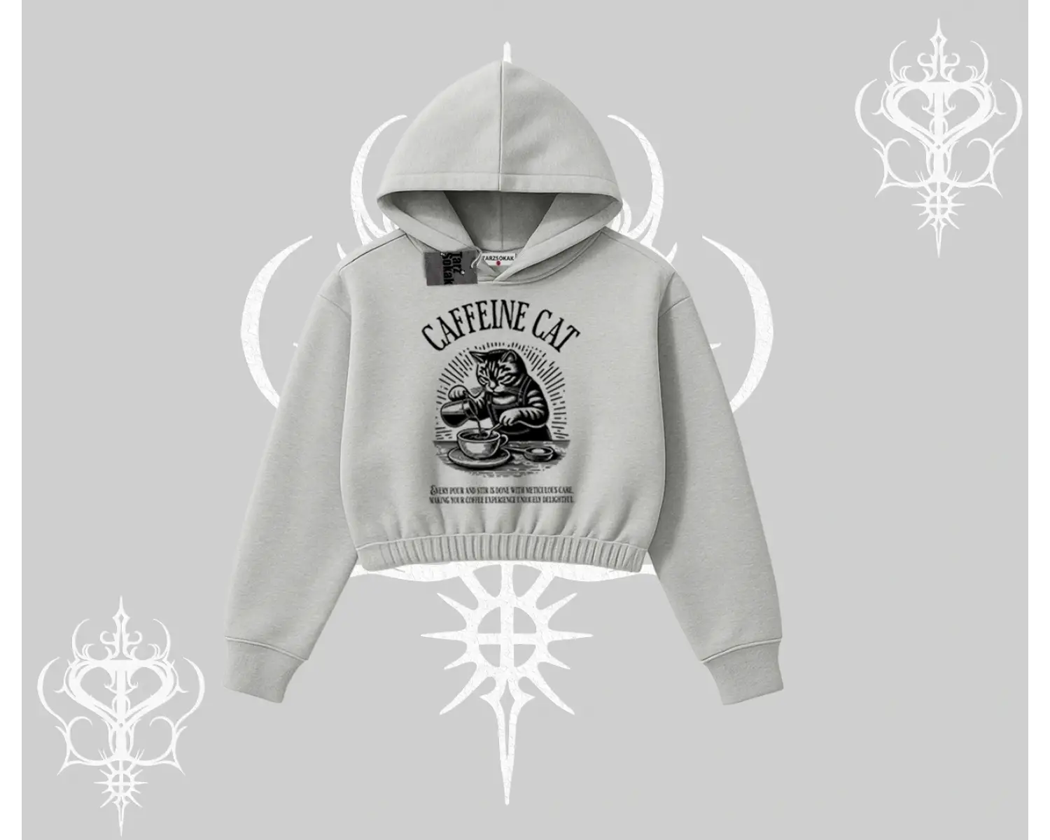 Kapşonlu Crop Sweatshirt Caffeine Cat Kahve Temalı Kedi Baskılı