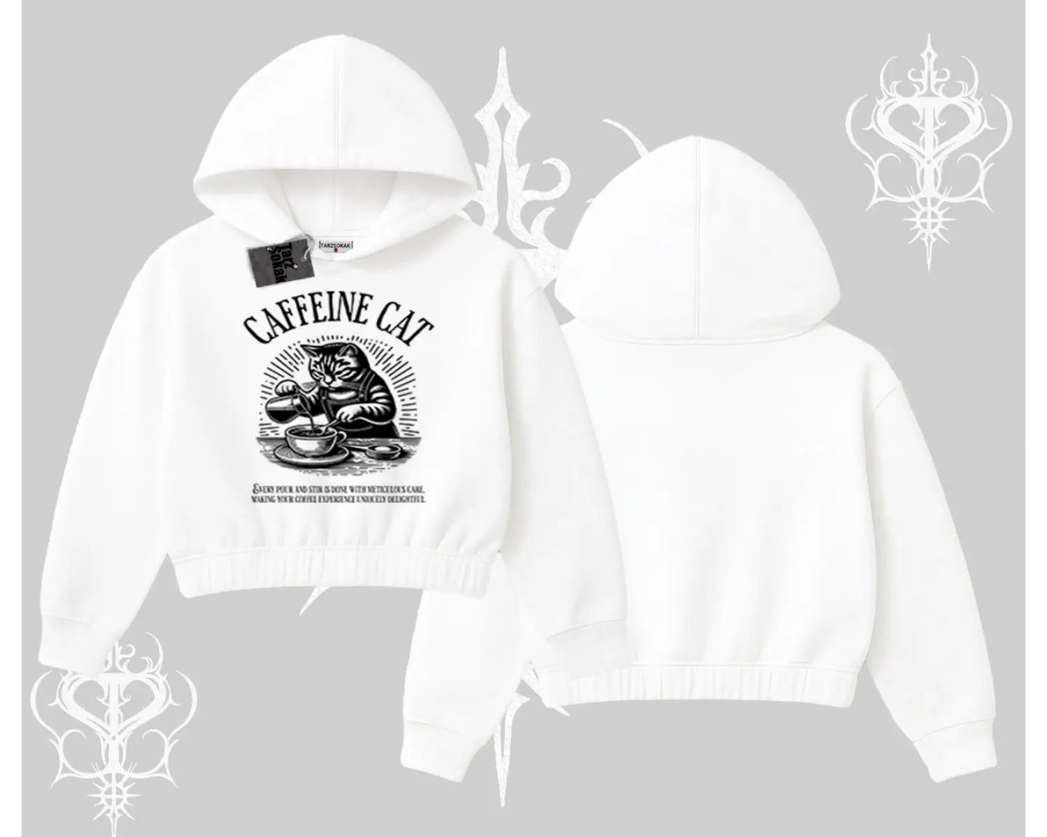 Kapşonlu Crop Sweatshirt Caffeine Cat Kahve Temalı Kedi Baskılı