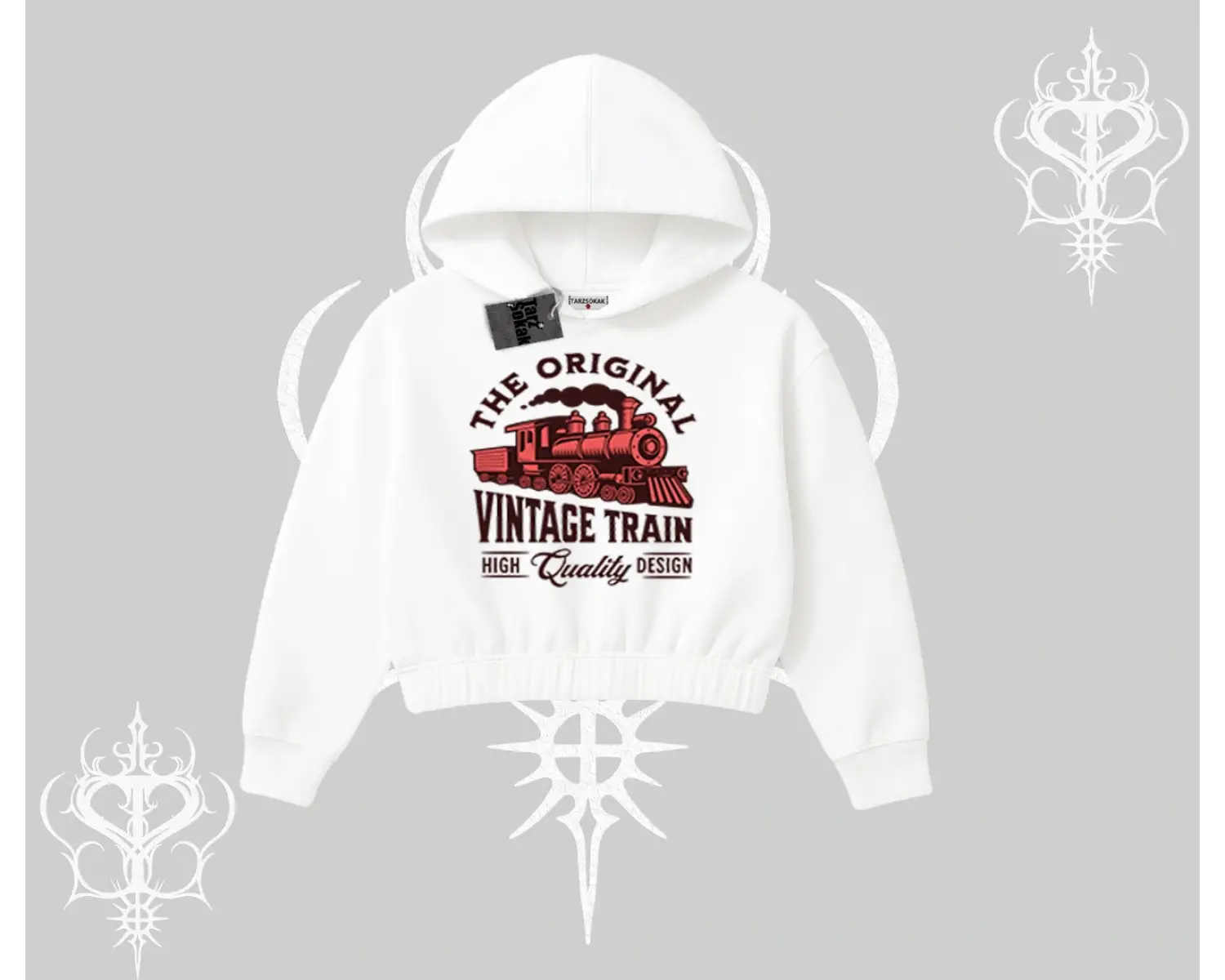 Kapşonlu Crop Sweatshirt Classic Railroad Vintage Train Street Aesthetic