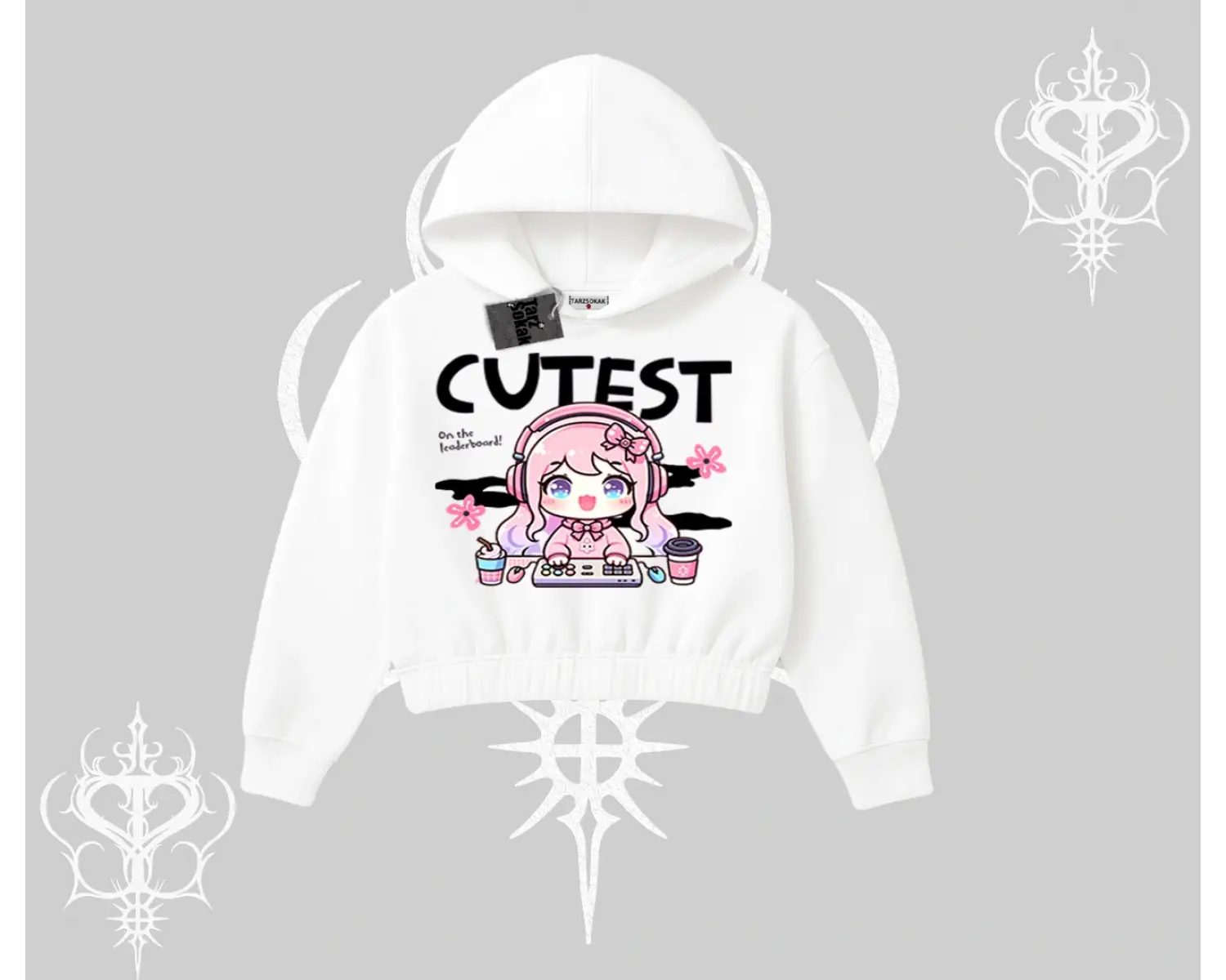 Kapşonlu Crop Sweatshirt Cute Anime Gamer Girl Baskılı