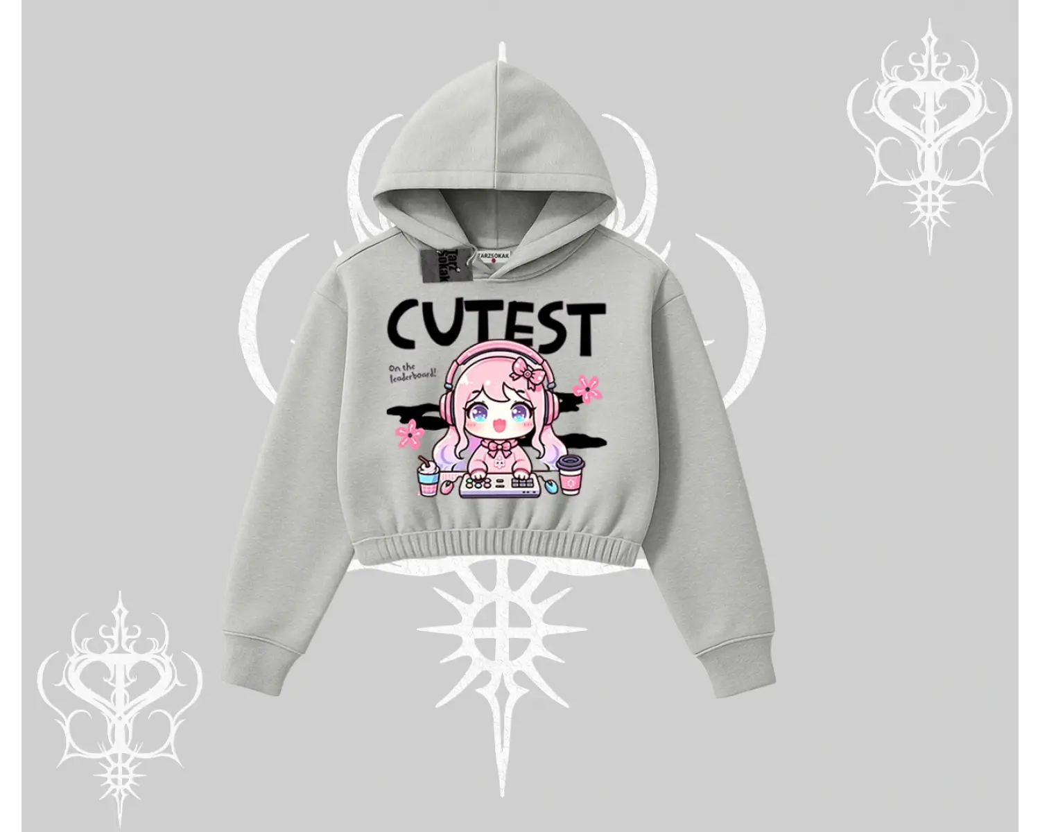 Kapşonlu Crop Sweatshirt Cute Anime Gamer Girl Baskılı