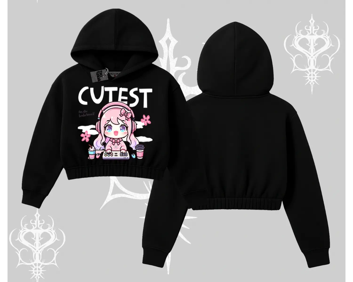 Kapşonlu Crop Sweatshirt Cute Anime Gamer Girl Baskılı