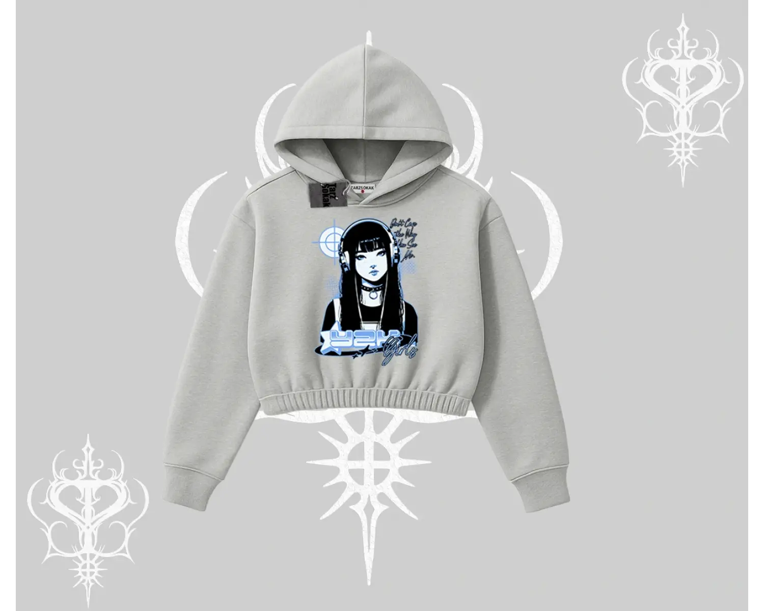 Kapşonlu Crop Sweatshirt Cyber Y2K Anime Girl Street Sound Aesthetic