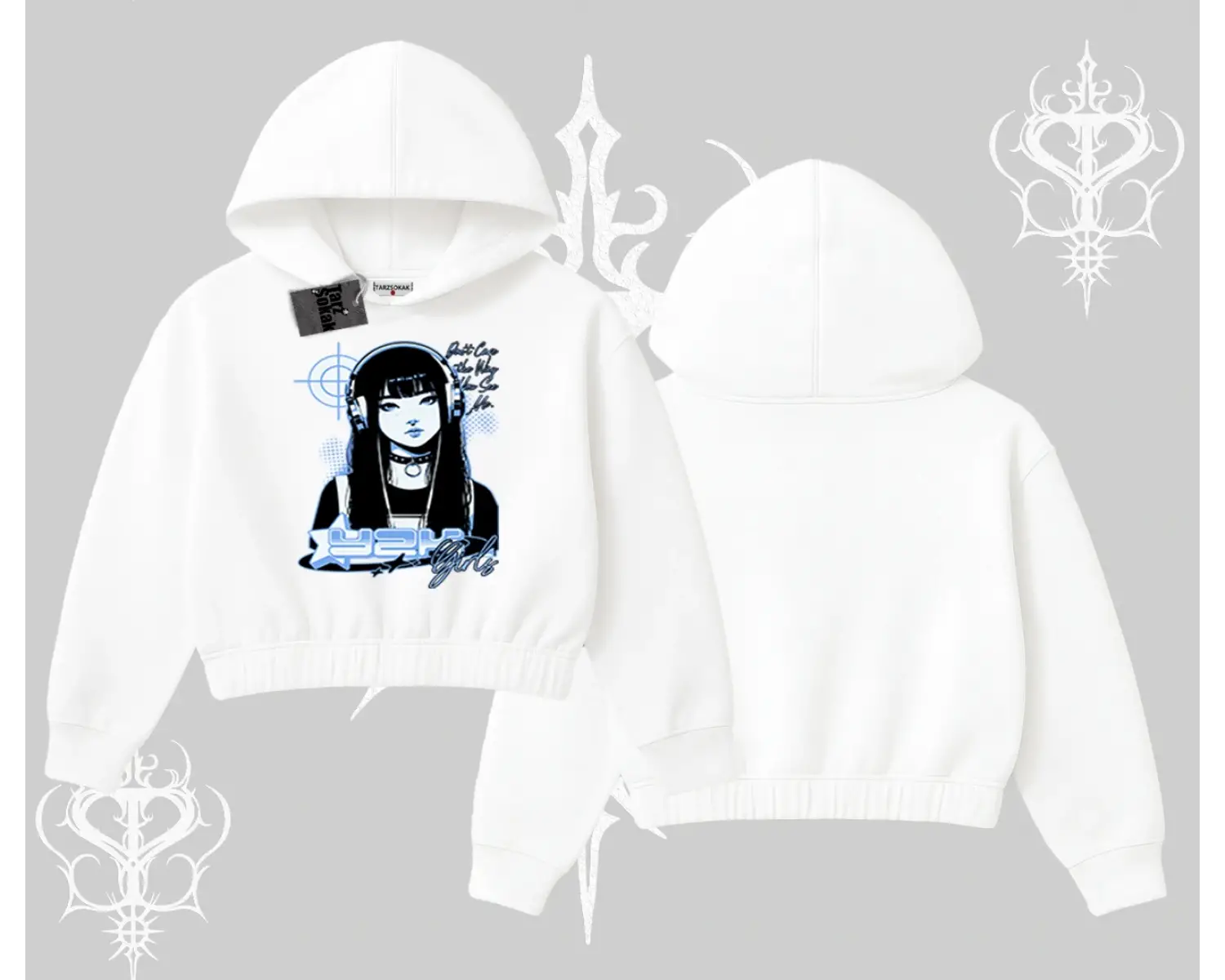 Kapşonlu Crop Sweatshirt Cyber Y2K Anime Girl Street Sound Aesthetic