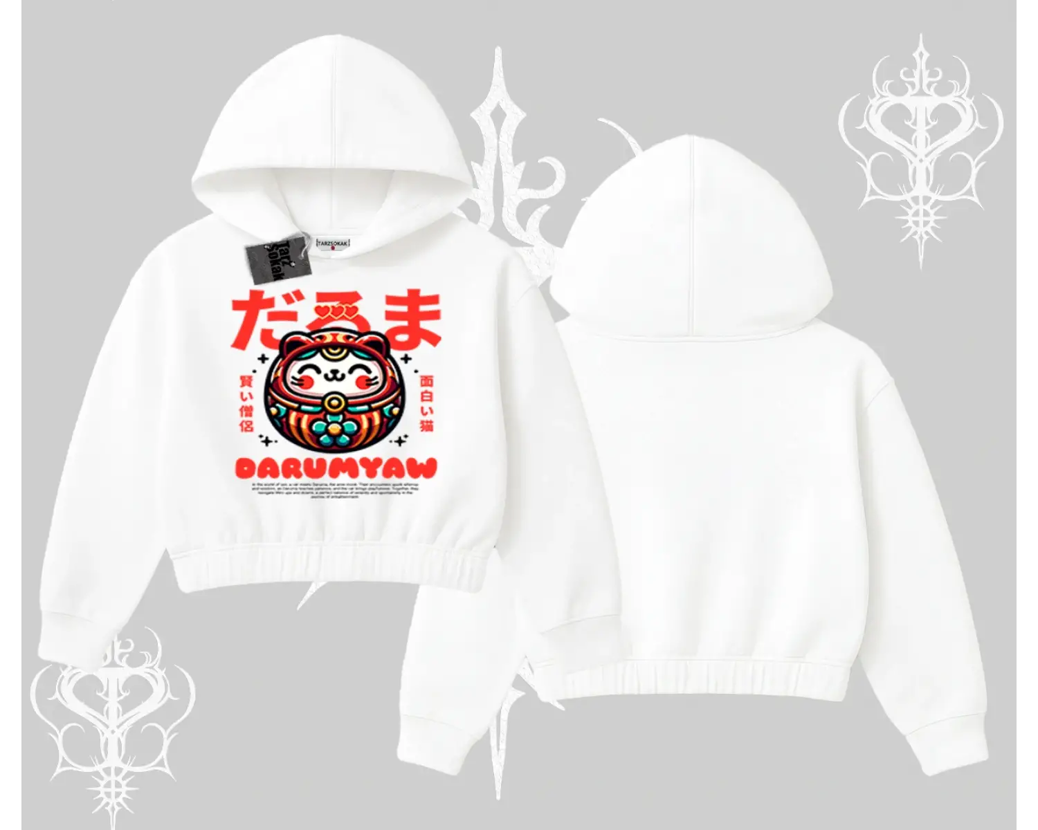 Kapşonlu Crop Sweatshirt Daruma Kedi Anime Baskılı
