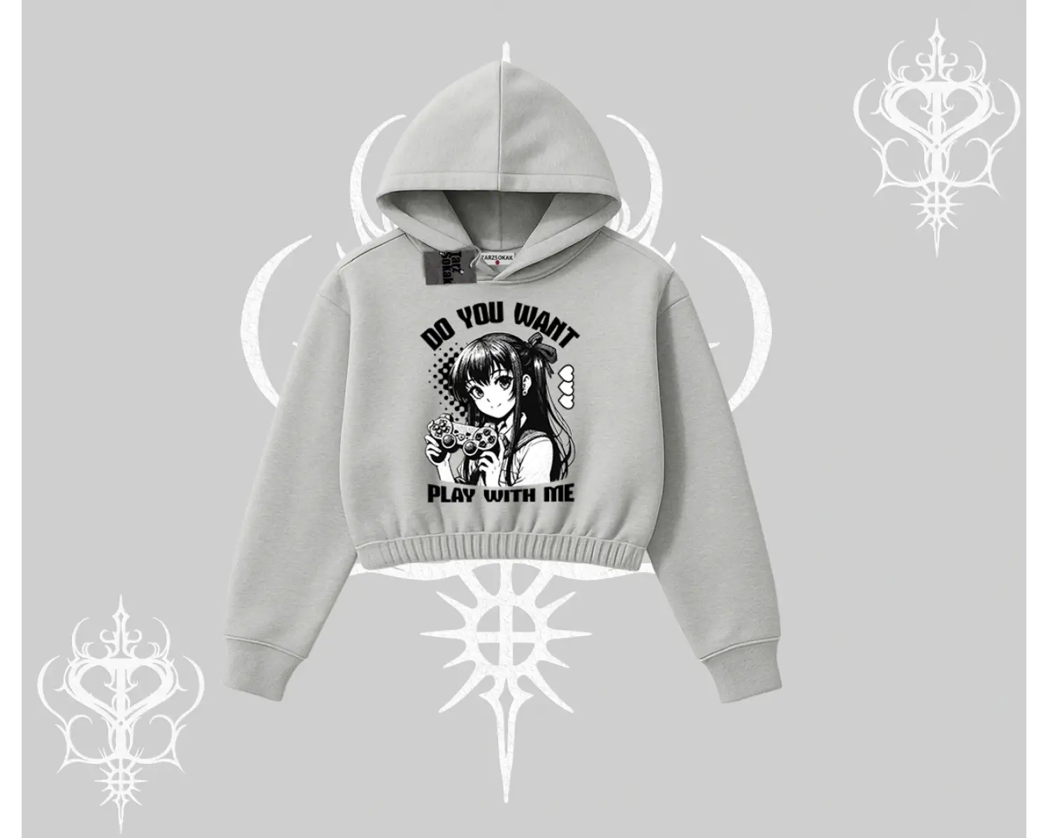 Kapşonlu Crop Sweatshirt Do You Want Play With Me Anime Kız Baskılı