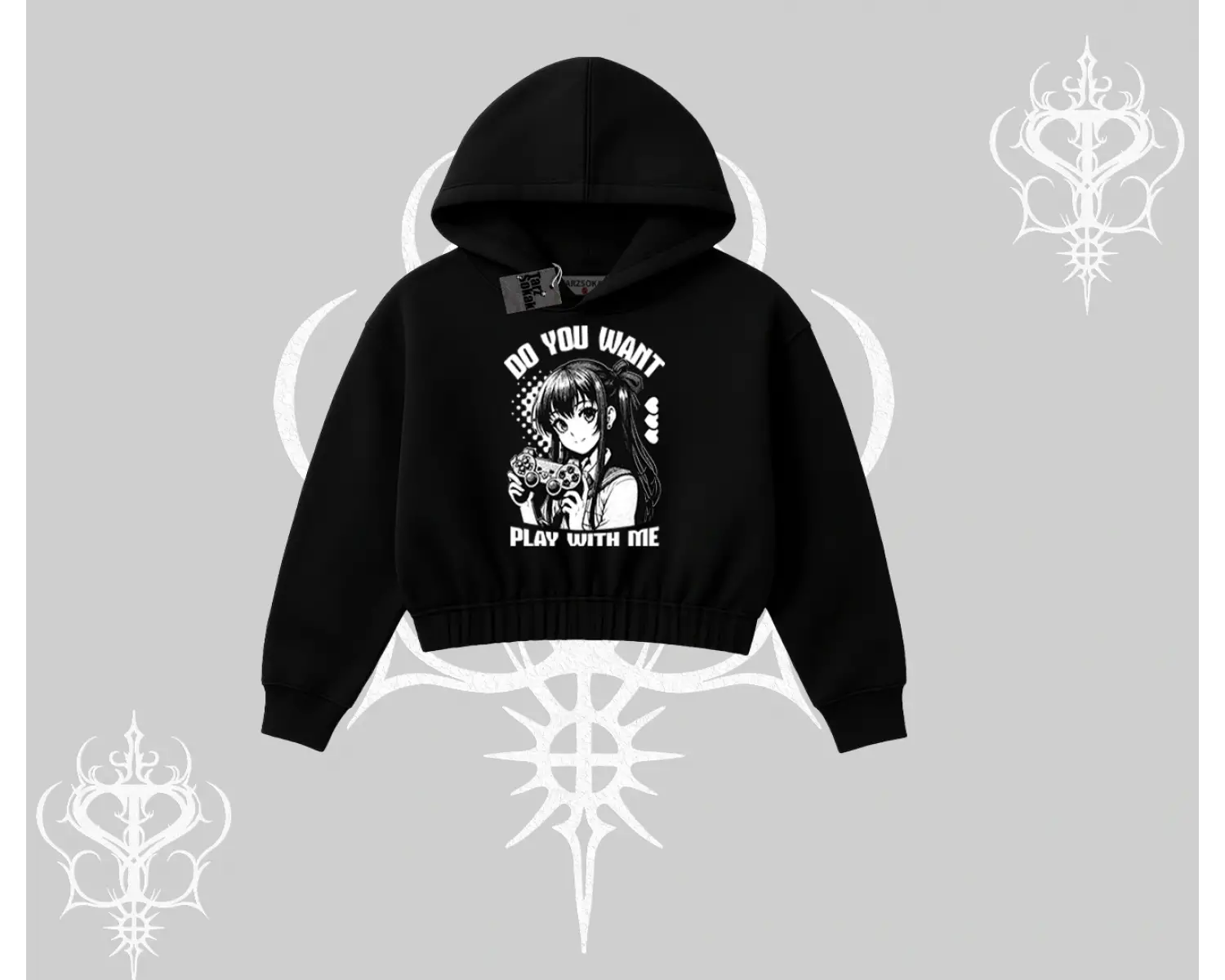 Kapşonlu Crop Sweatshirt Do You Want Play With Me Anime Kız Baskılı