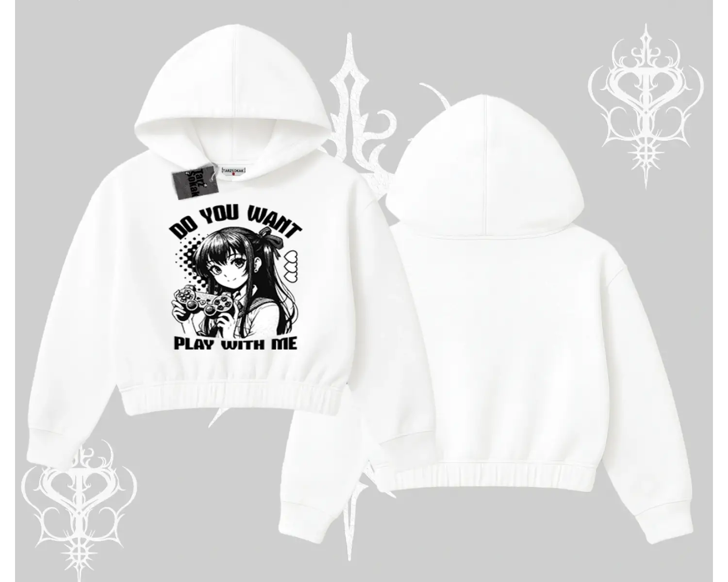 Kapşonlu Crop Sweatshirt Do You Want Play With Me Anime Kız Baskılı