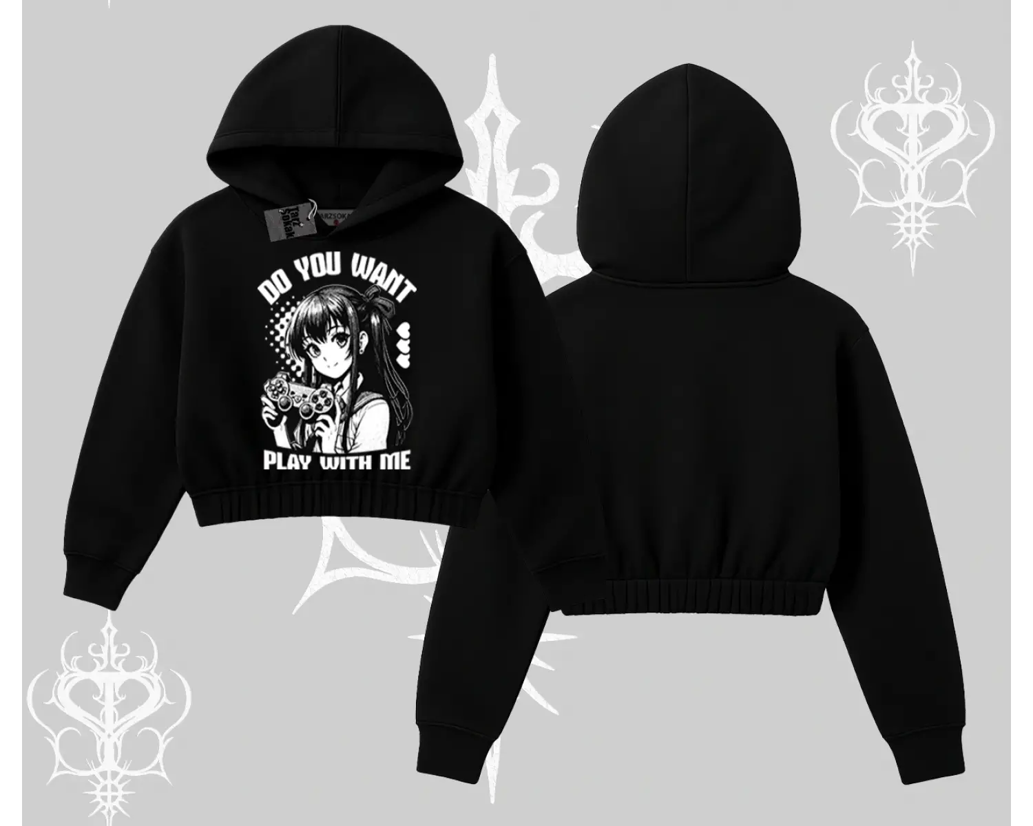 Kapşonlu Crop Sweatshirt Do You Want Play With Me Anime Kız Baskılı