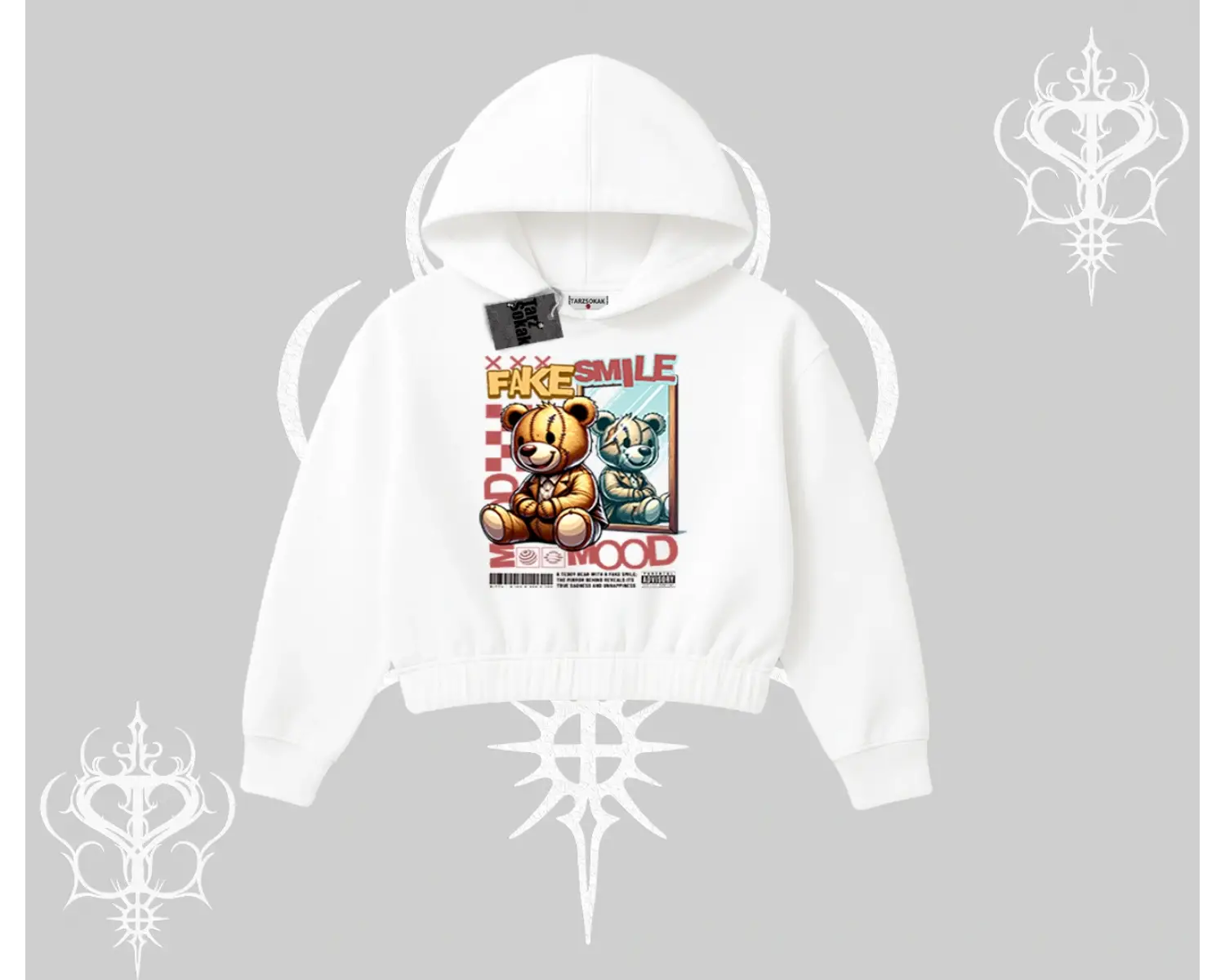 Kapşonlu Crop Sweatshirt Fake Smile Mood Ayıcık Grafik Baskılı