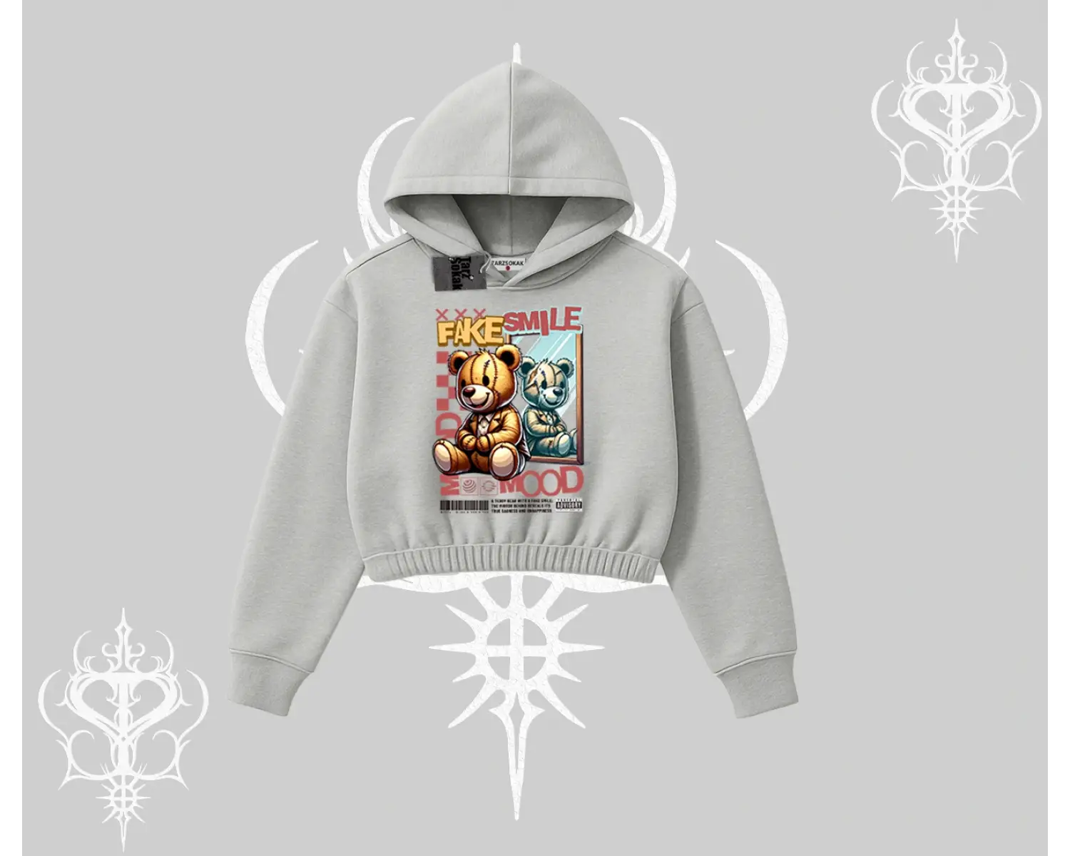 Kapşonlu Crop Sweatshirt Fake Smile Mood Ayıcık Grafik Baskılı