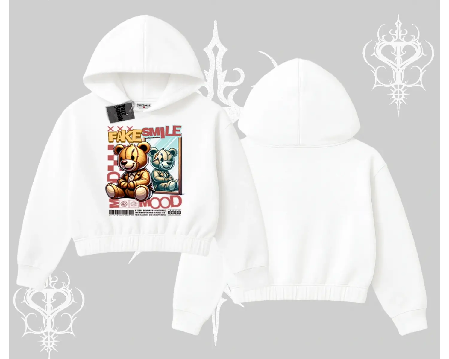 Kapşonlu Crop Sweatshirt Fake Smile Mood Ayıcık Grafik Baskılı