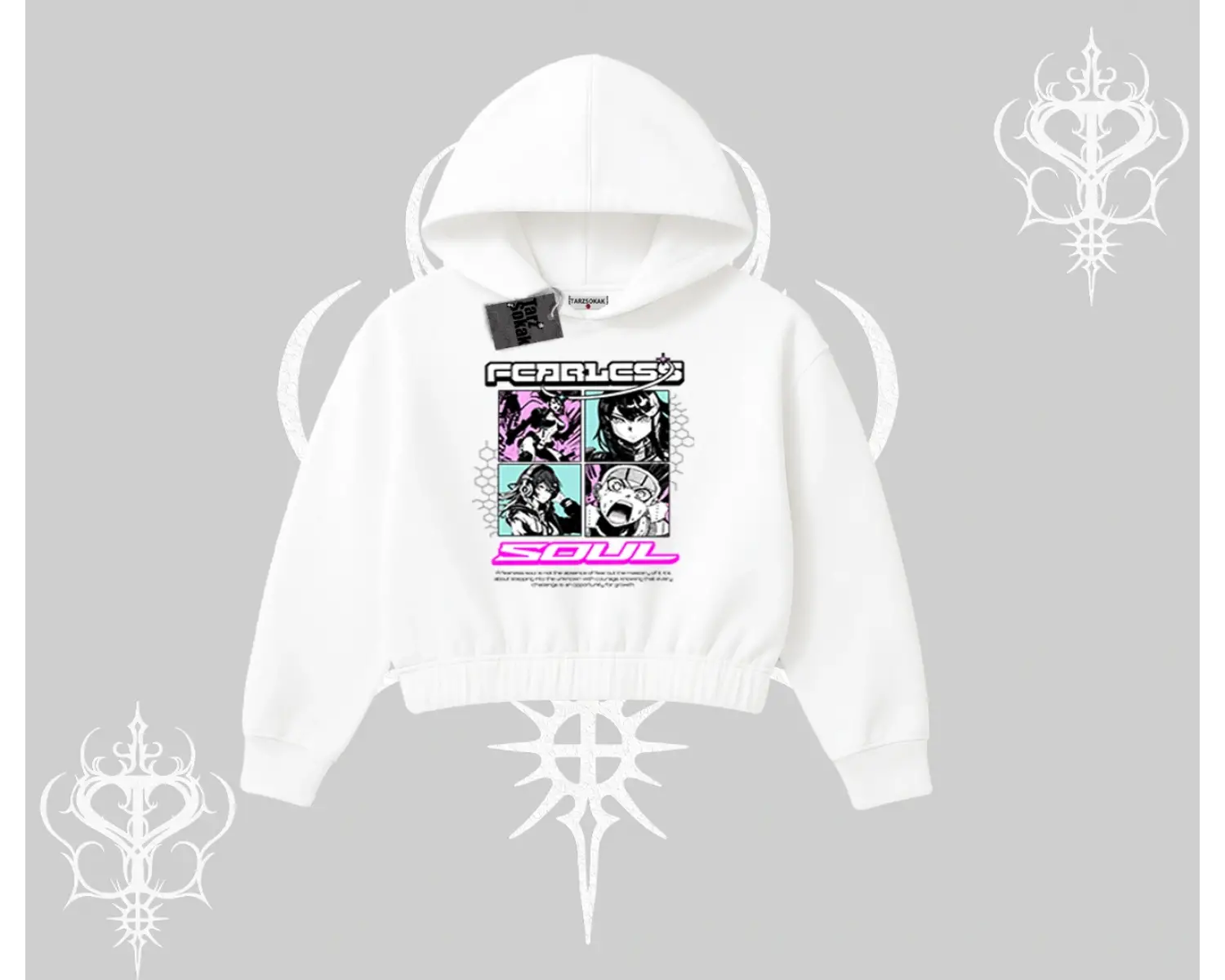 Kapşonlu Crop Sweatshirt Fearless Soul Anime Kolaj Baskılı