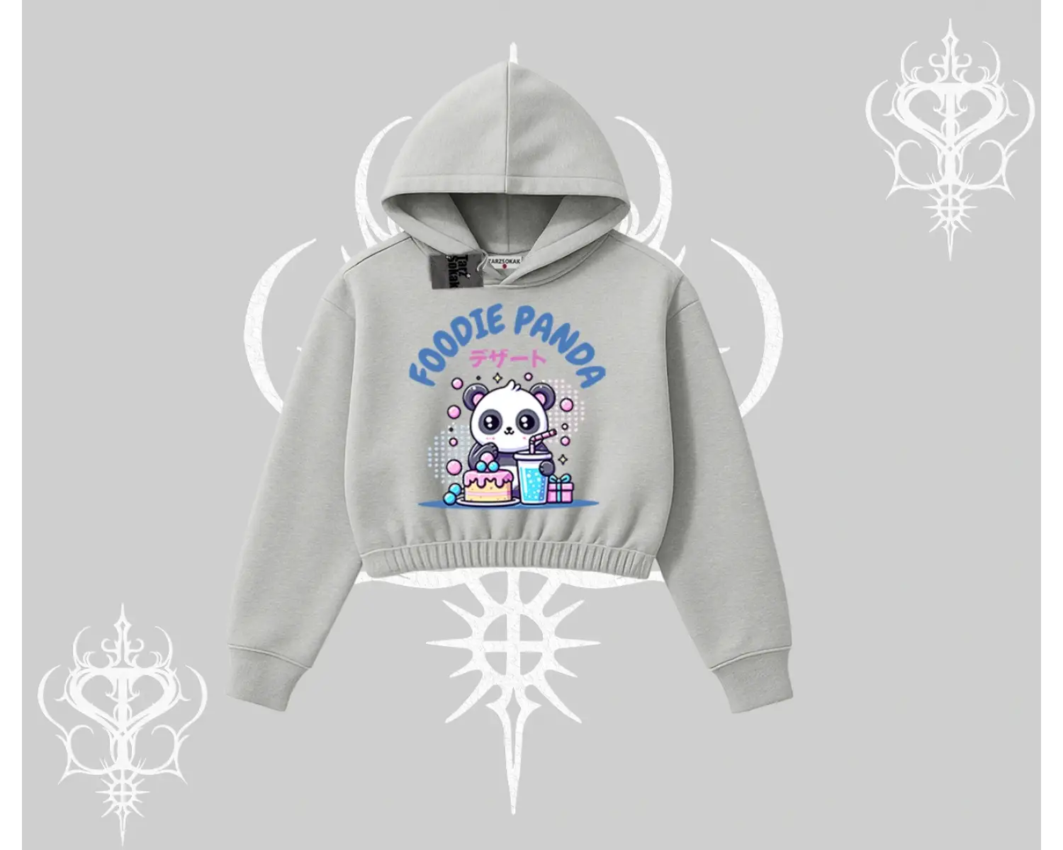 Kapşonlu Crop Sweatshirt Foodie Panda Tatlı ve Sevimli Panda Baskılı