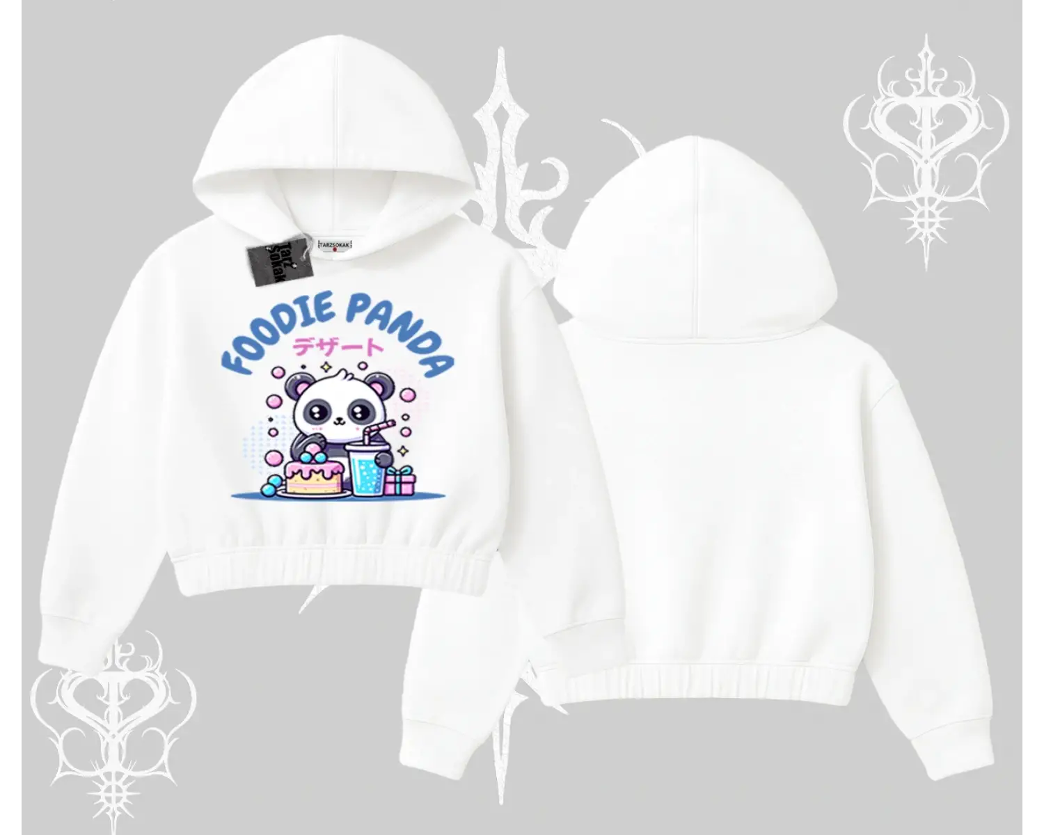 Kapşonlu Crop Sweatshirt Foodie Panda Tatlı ve Sevimli Panda Baskılı